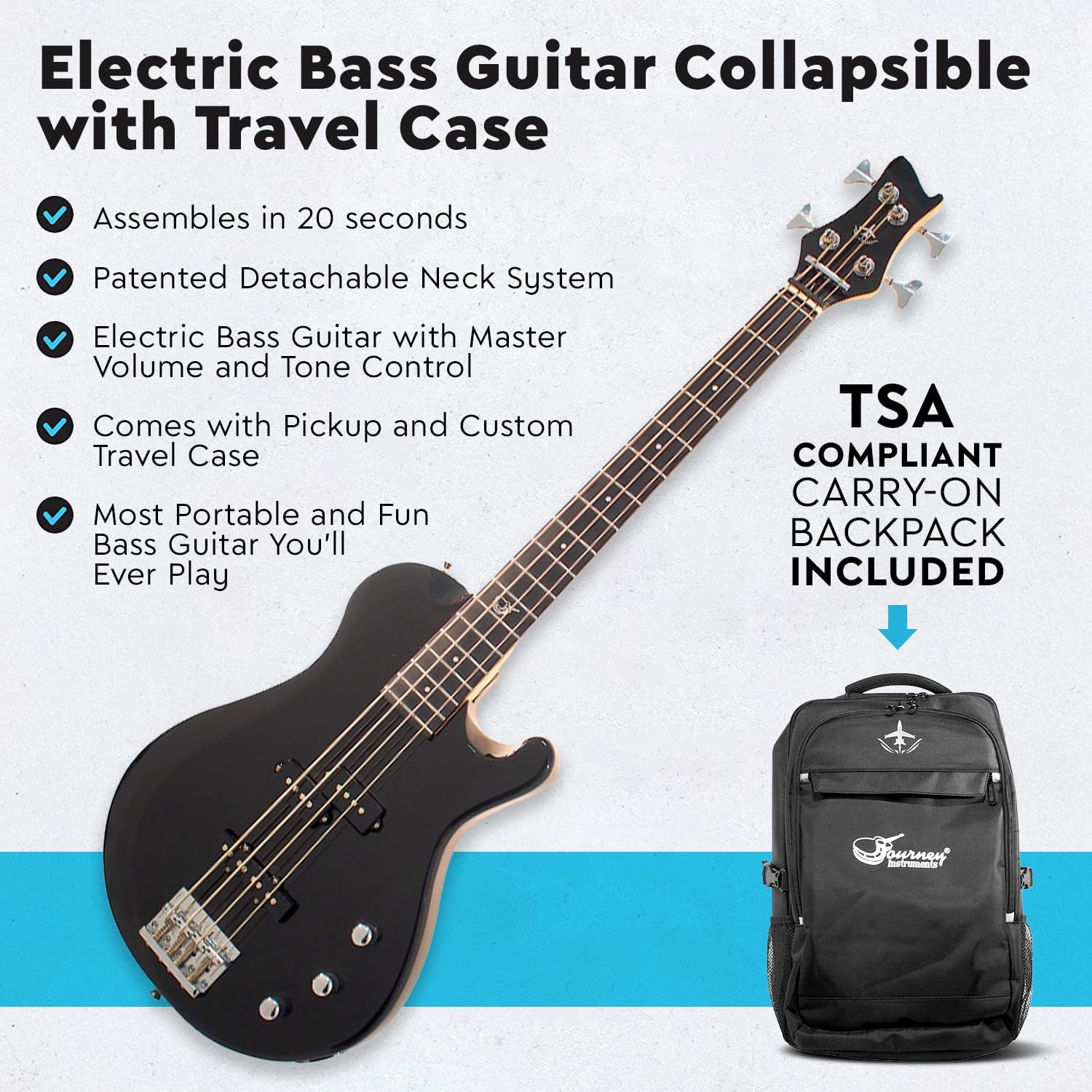 Journey Instruments OEB990BK Collapsible Electric Travel Bass Guitar – Folding 30