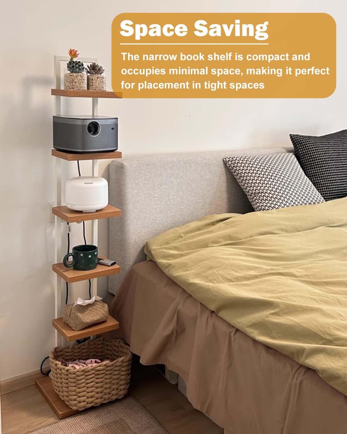 6-Tier 143cm Tall Narrow Spine Book Tower, Open Vertical Bookshelf, Wood & Iron Invisible Bookcase Display Shelf, Corner Book Organizers Storage Rack(Black)