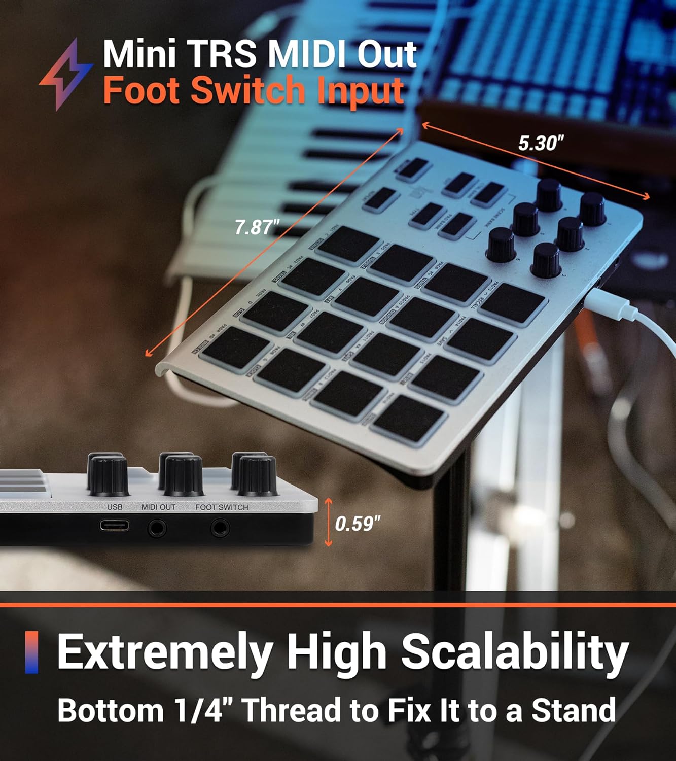 Xjam Professional MIDI Pad Controller - Ultra-Portable Aluminum Frame MIDI Drum Pad with 16 Beat Pads and 6 Assignable Knobs, Beat Machine for Melodic Samples, Plug & Play on iPad, iPhone, Mac, PC