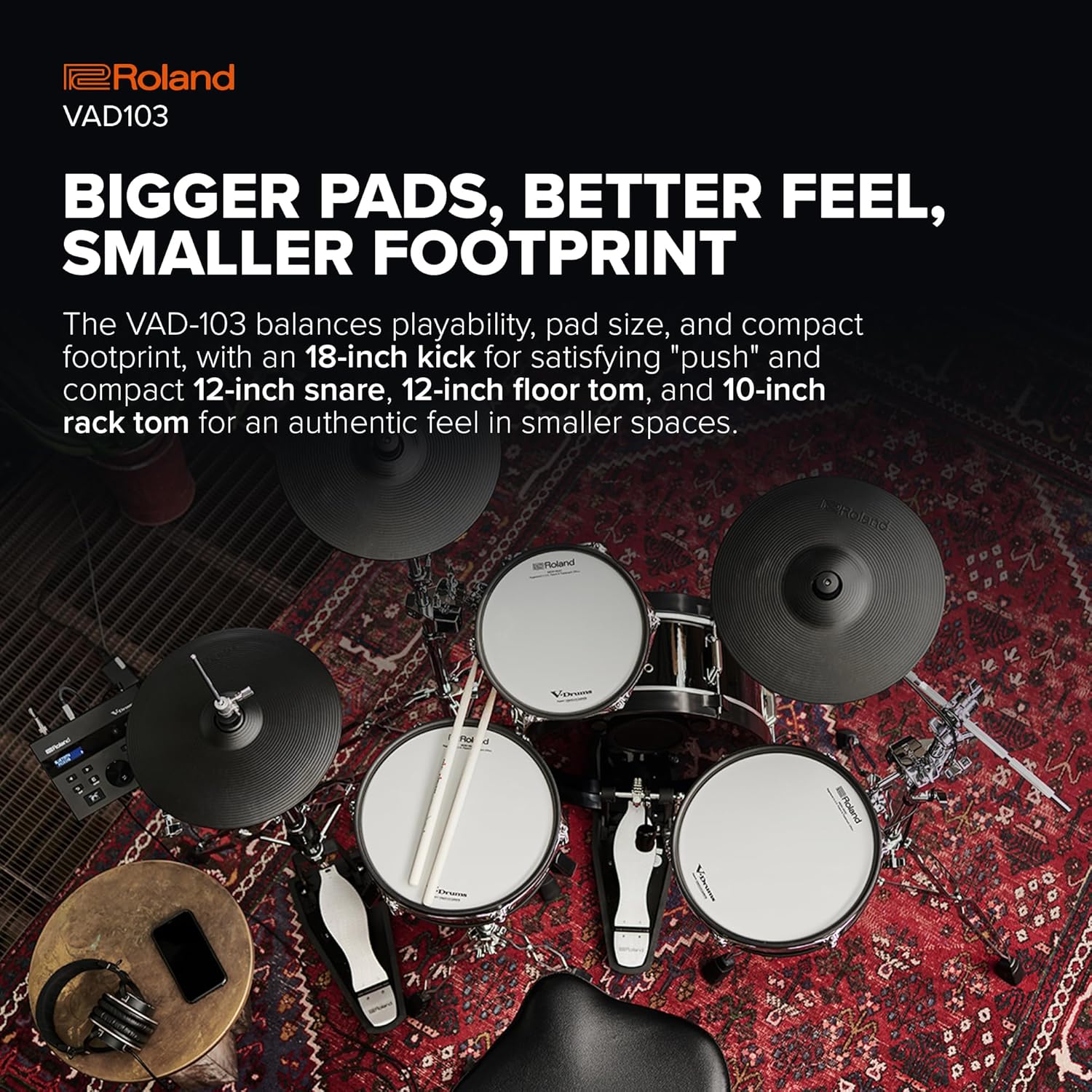Roland VAD103 V-Drums | Premium 4-Piece Electronic Acoustic Design Drum Kit with Shallow-Depth Shells