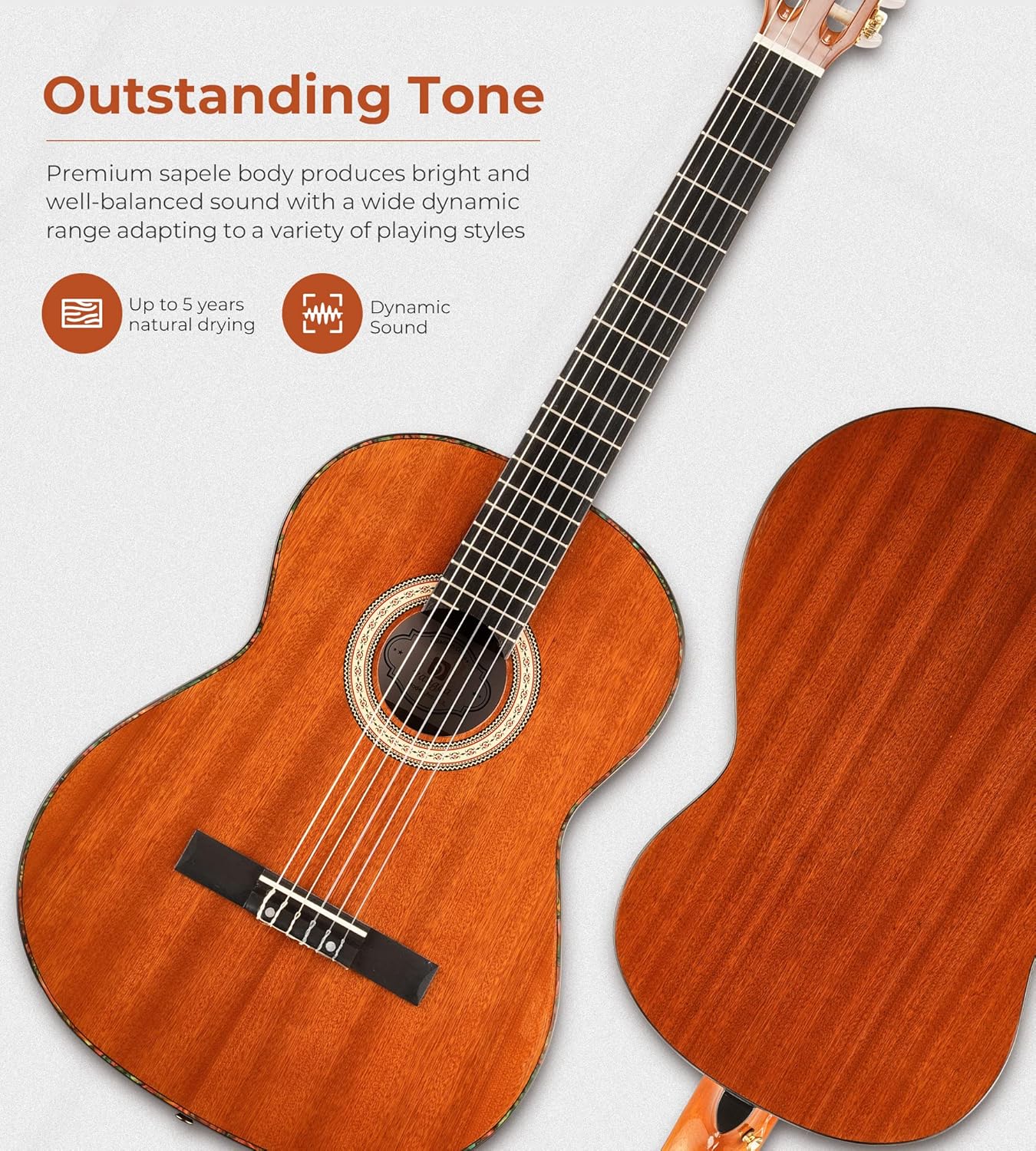 Classical Guitar 4/4, 39 Inch Full Size Nylon String Guitar for Beginner Adults, Guitar Bundle with Gig Bag & Footstool, Sapele Brown, by Vangoa