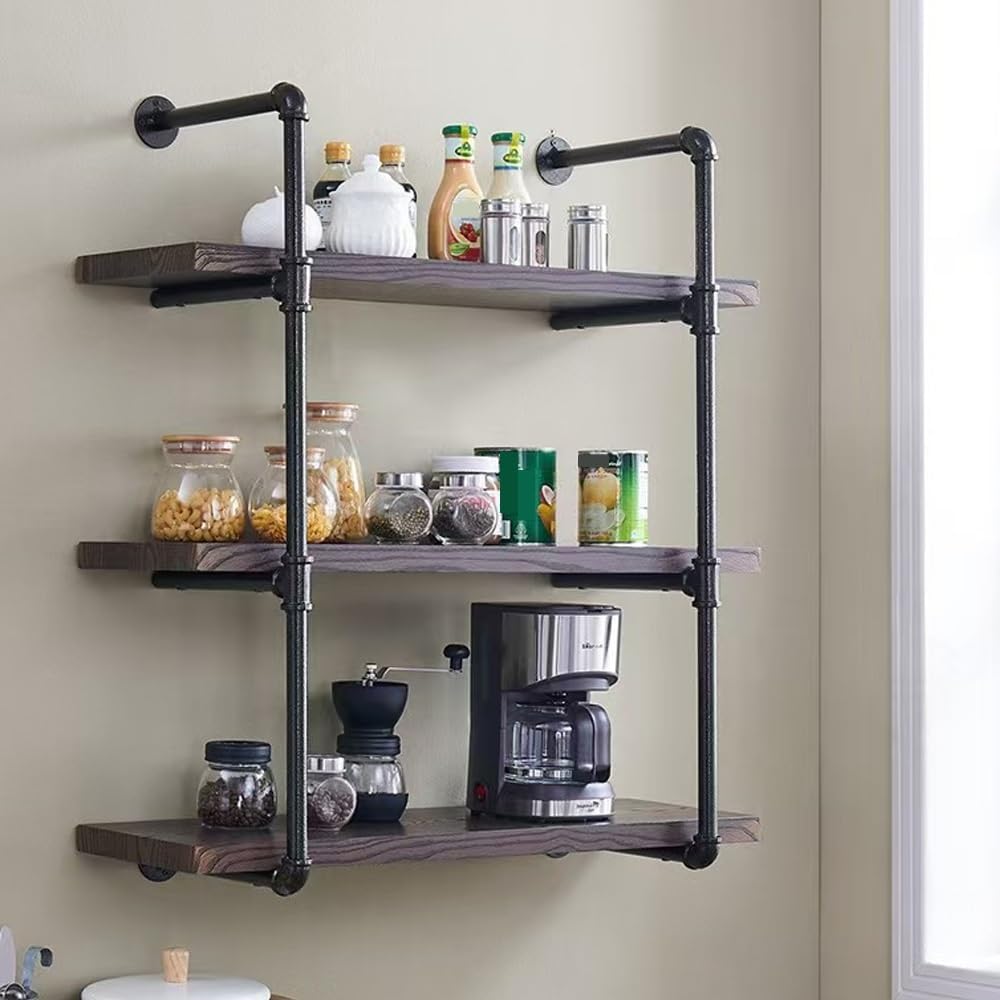 Solid Wood Floating Bookshelf, 3-Tier Hanging Spice Rack with Metal Frame, Industrial Pipe Shelving for Kitchen, Living Room, Modern Mug Rack Wall Mounted(80cm-31.5in)
