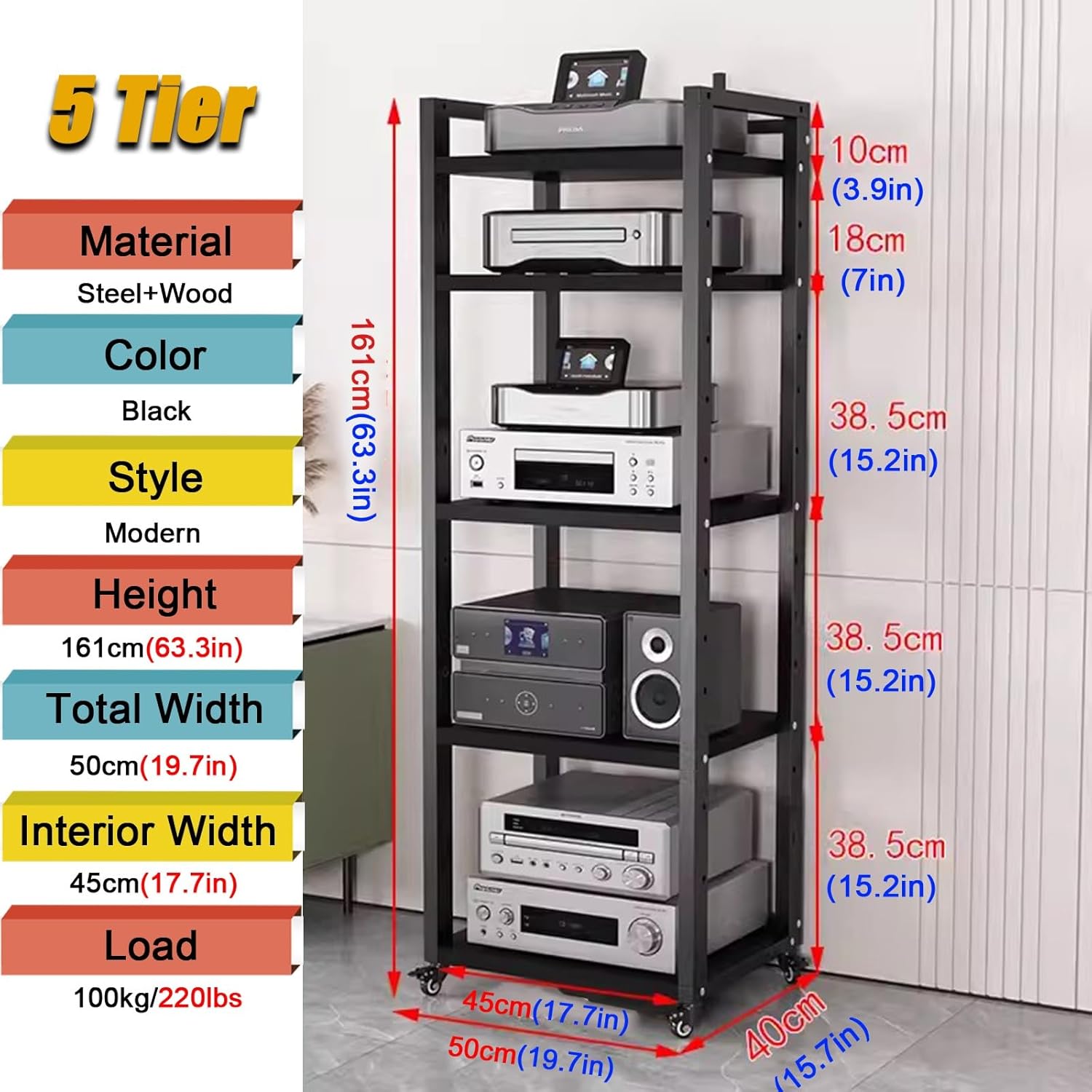 Media Storage Cabinet Portable Rolling, 8 7 6 5 Layer Shelves Audio Video Media Stand with Height Adjustable Shelf, Bedroom/Living Room/Bars Corner Entertainment Center,Style a 5 Tier 50cm W