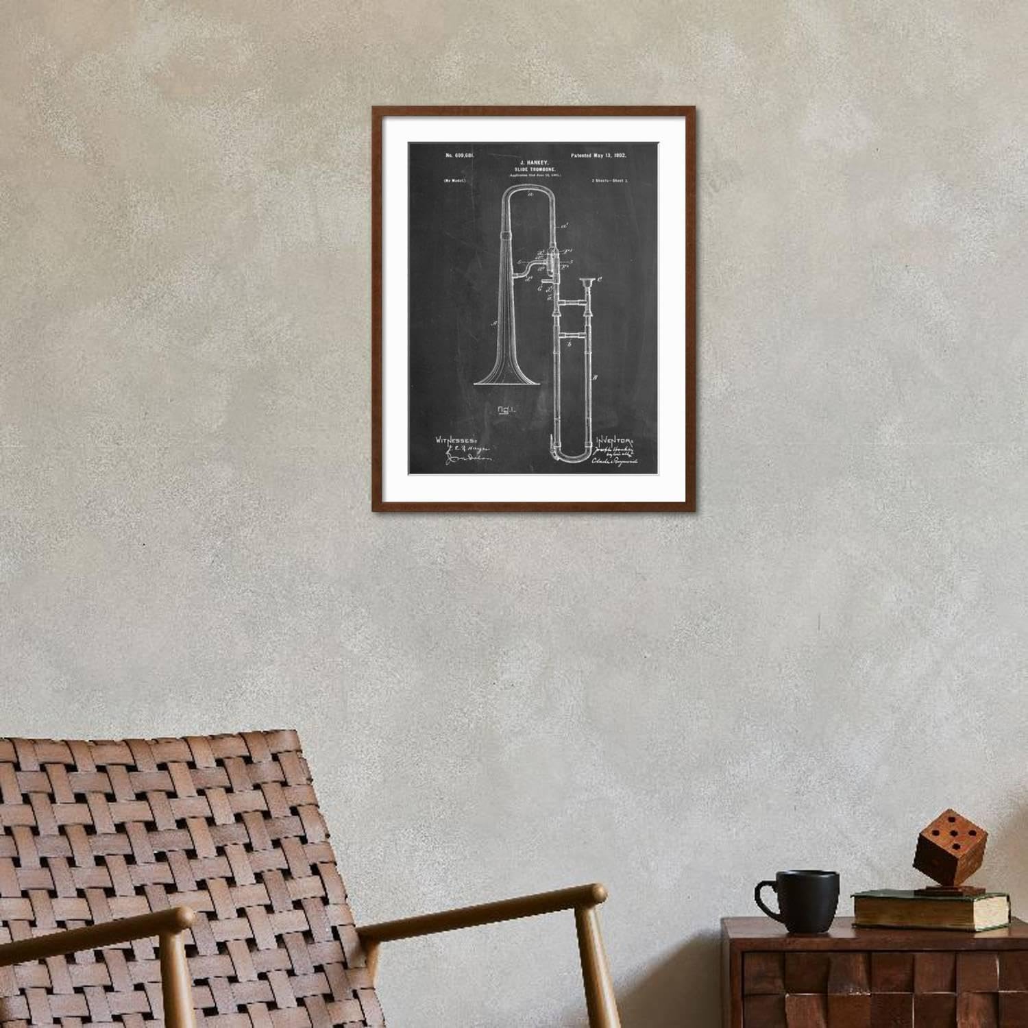 ART.COM Wall Art Print Slide Trombone Instrument Patent on Brown Frame, 23