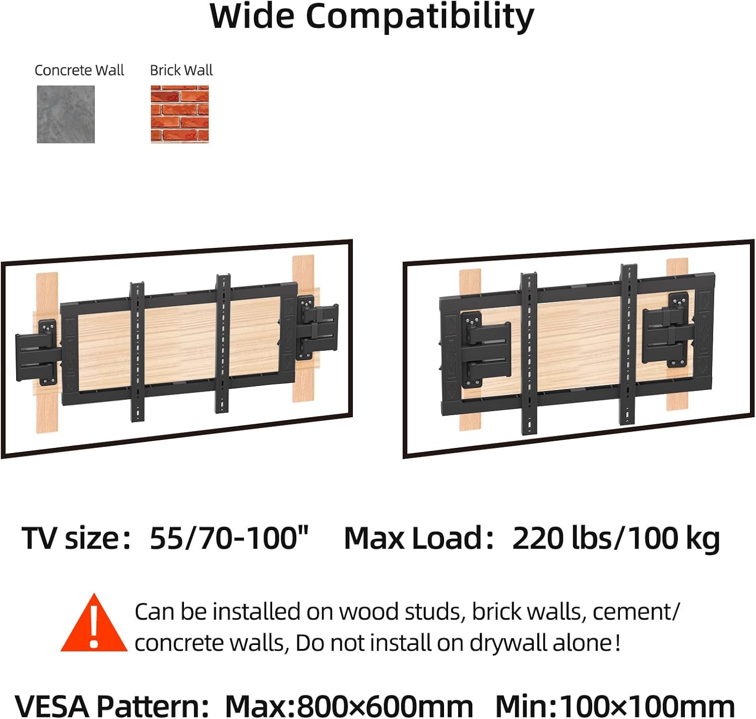 Heavy Duty Corner TV Wall Mount Bracket–Full Motion for 70-100 Inch Flat Curved Screen TVs,Ultra-Thin Dual Arm with Tilt,Swivel,Extension,U-Slot,VESA 800x600mm,Load 220 lbs,XL-DY894