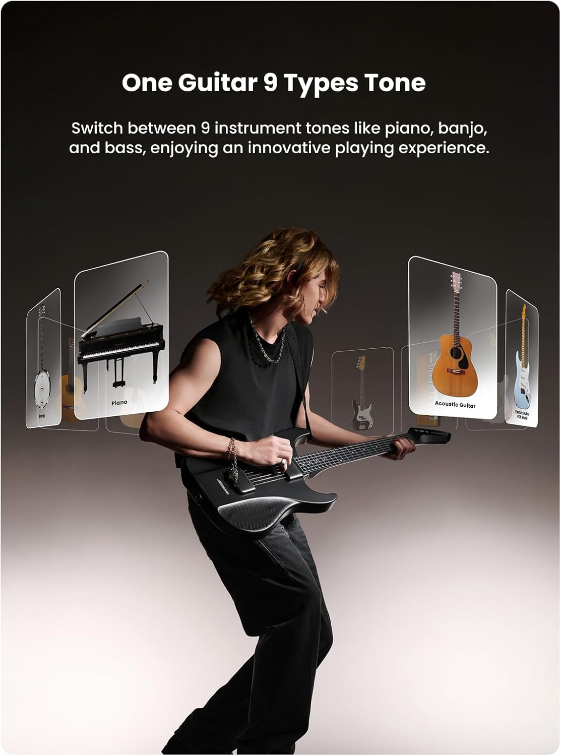AeroBand Guitar Smart Guitar With Silicone Strings, Travel Silent Guitar With Detachable Fretboard, Headphone Jack, Built-in Speaker and Drum system, Aeroband APP Play, MIDI