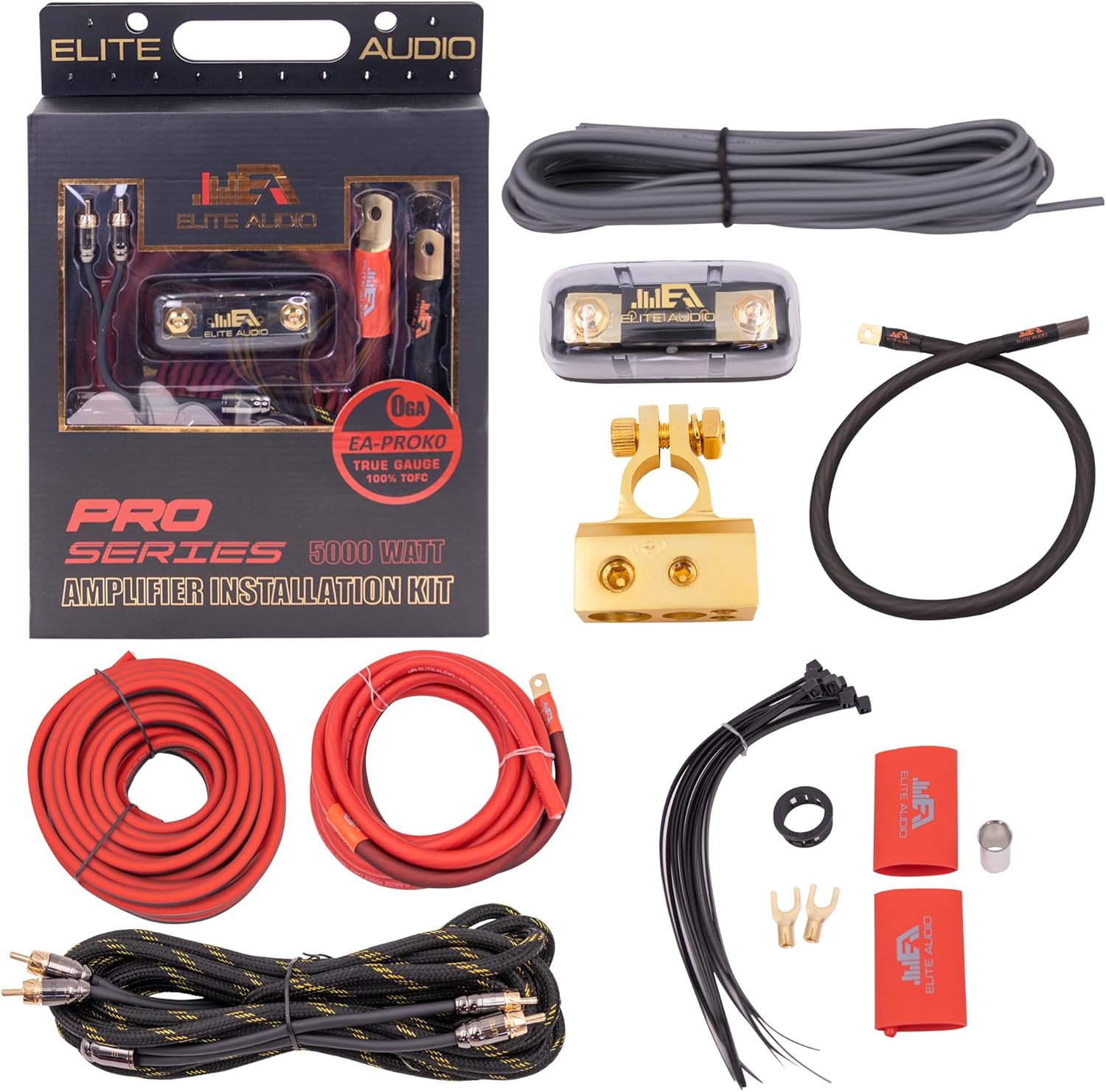 Elite Audio EA-PROK0 Pro Amplifier Wiring Kit - 5000W Max Power, Oxygen Free Copper Cables, Brass ANL Fuse Holder, 0 Gauge