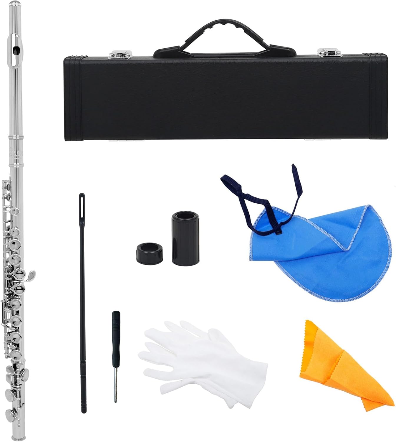 Western Concert Flute Cupronickel Nicke Plated 16 Holes C Key Woodwind Instrument with Cleaning Cloth Stick Gloves Mini Screwdriver Padded Case
