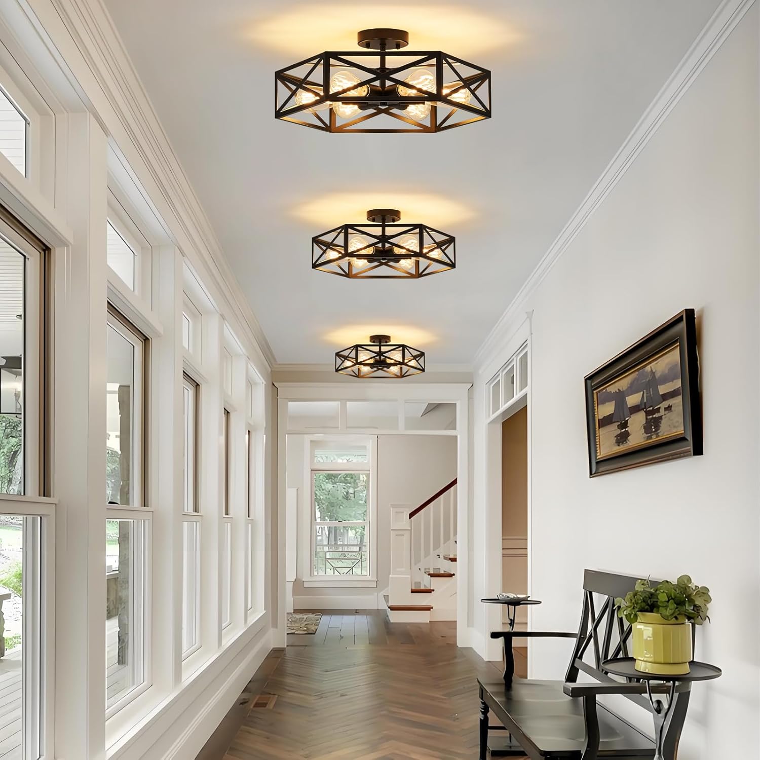 Modern Farmhouse Black Ceiling Light,Industrial Semi Flush Mount Ceiling Lighting Fixture,hexagonal Lighting Fixtures for Kitchen,Bedroom,Foyer,Living,Dining Room,Laundry Room,6-Light,19.7 Inch