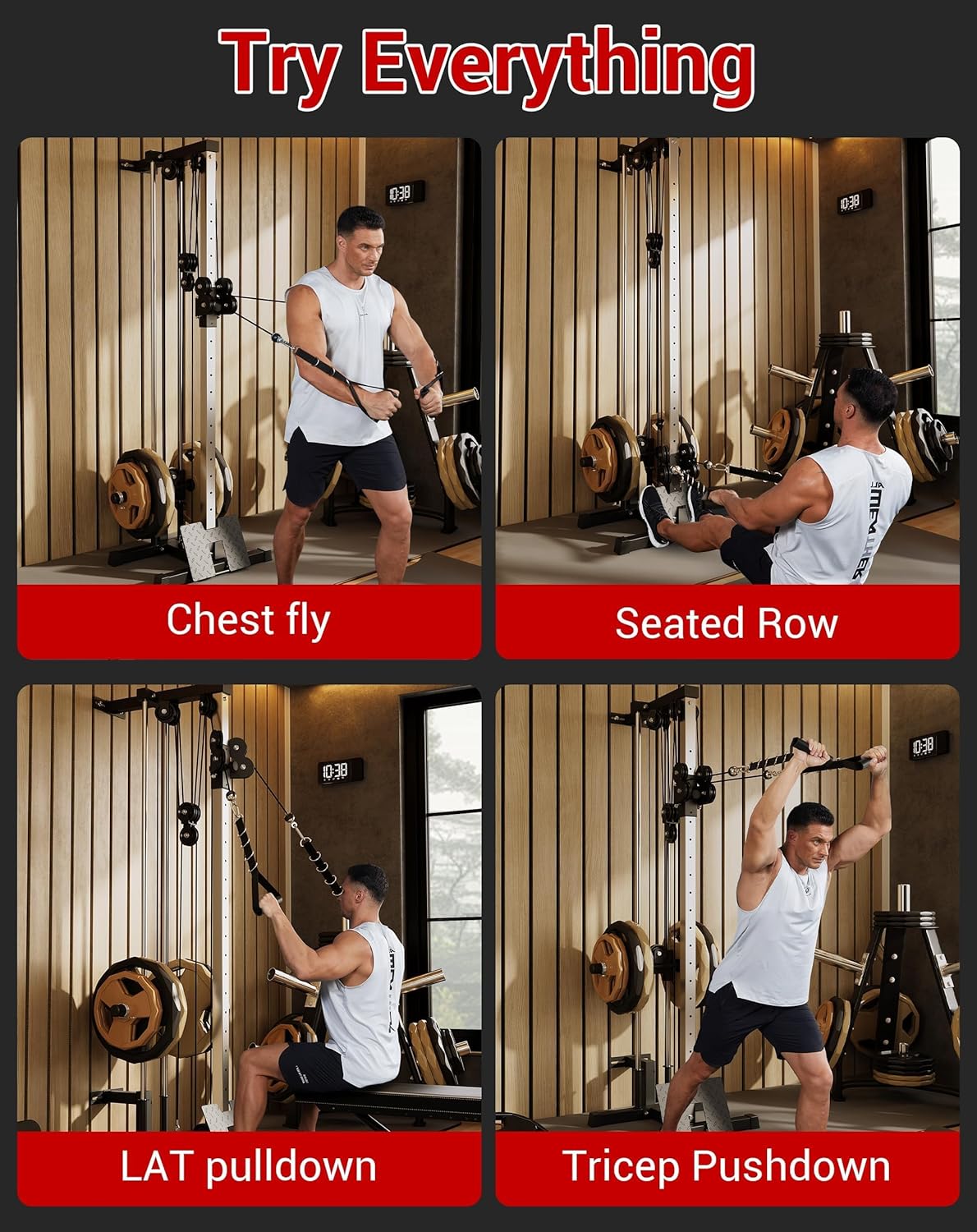 Wall Mount Cable Station – Dual Pulley Cable Crossover Machine with 18 Adjustable Positions, Tricep Rope, T-Bar, LAT Pulldown Bar & Foot Board for Home Gym Strength Training