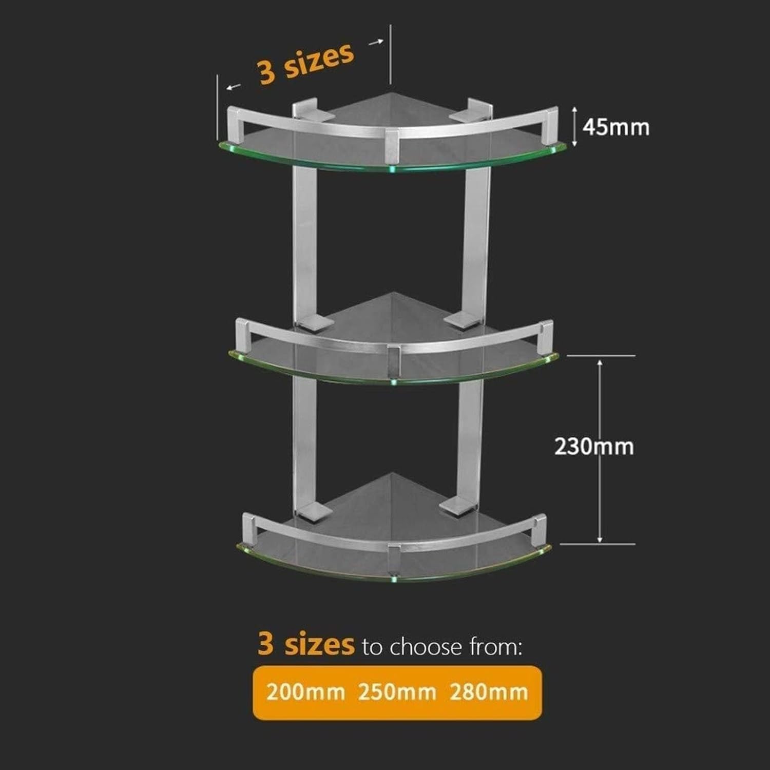 Bathroom Wall Shelf, 3 Tier Glass Organizer Shelves, Bathroom Corner Shower Shelves, Wall Mount Aluminum Glass Shelf Triangle Rack 7mm.(250mm)