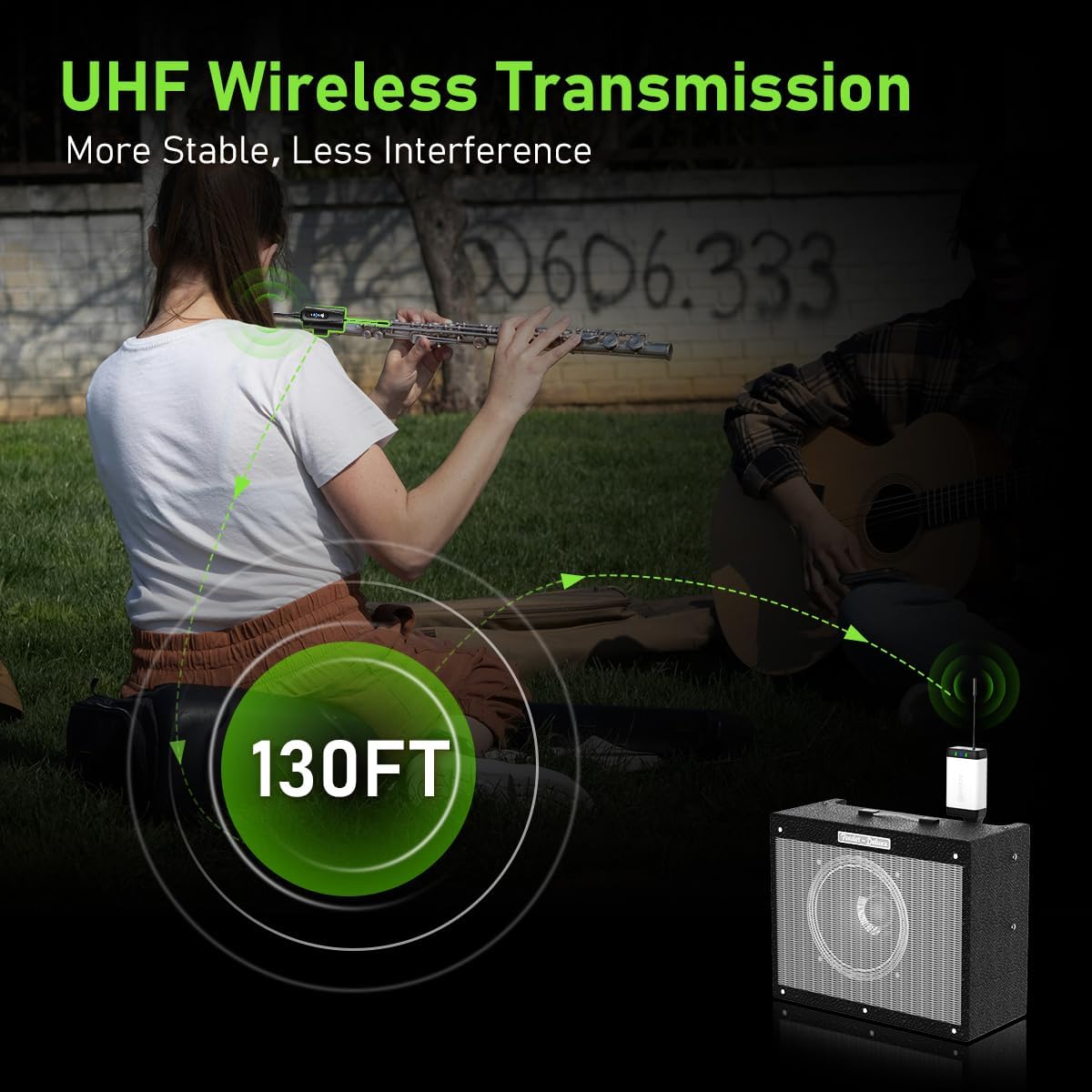 Dual UHF Flute Wireless Instrument Microphone Wireless Tie-on Mic for Flute, 1 Receiver and 2 Transmitter System for Live Performances, PA Systems, Audio Mixers, and Speakers Q2/DT-5