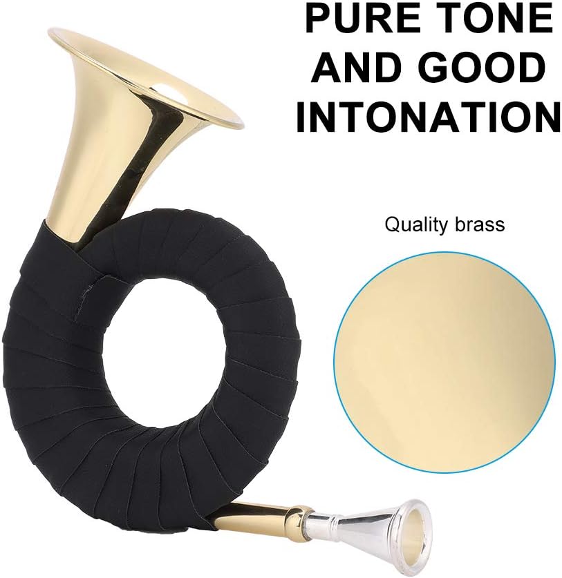 Brass Horn & Pocket Brass Bugle Horn Bb Key French Horn with Velvet Bag Tuning Bracket and Cleaning Cloth for Music Practice Travel Storage