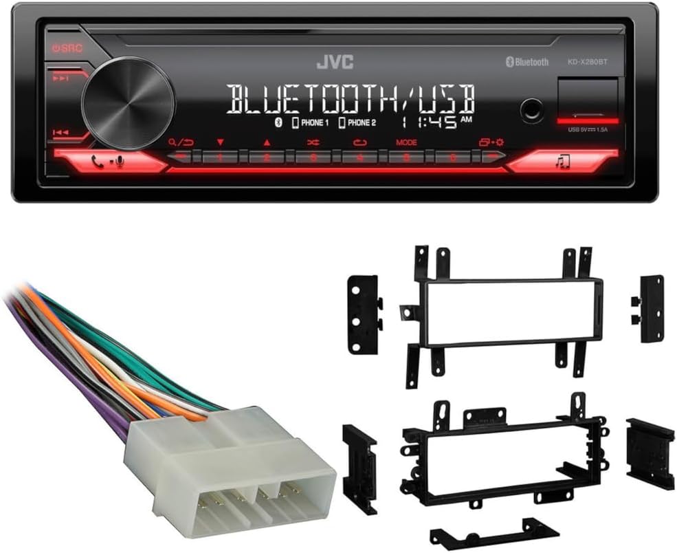 Metra Dash Kit, Wiring Harness & JVC KD-X280BT Bluetooth Digital Media Receiver Bundle – Single-DIN Car Stereo Installation Kit for Select Ford, Mercury, Mazda, Jeep, Eagle & Dodge Vehicles