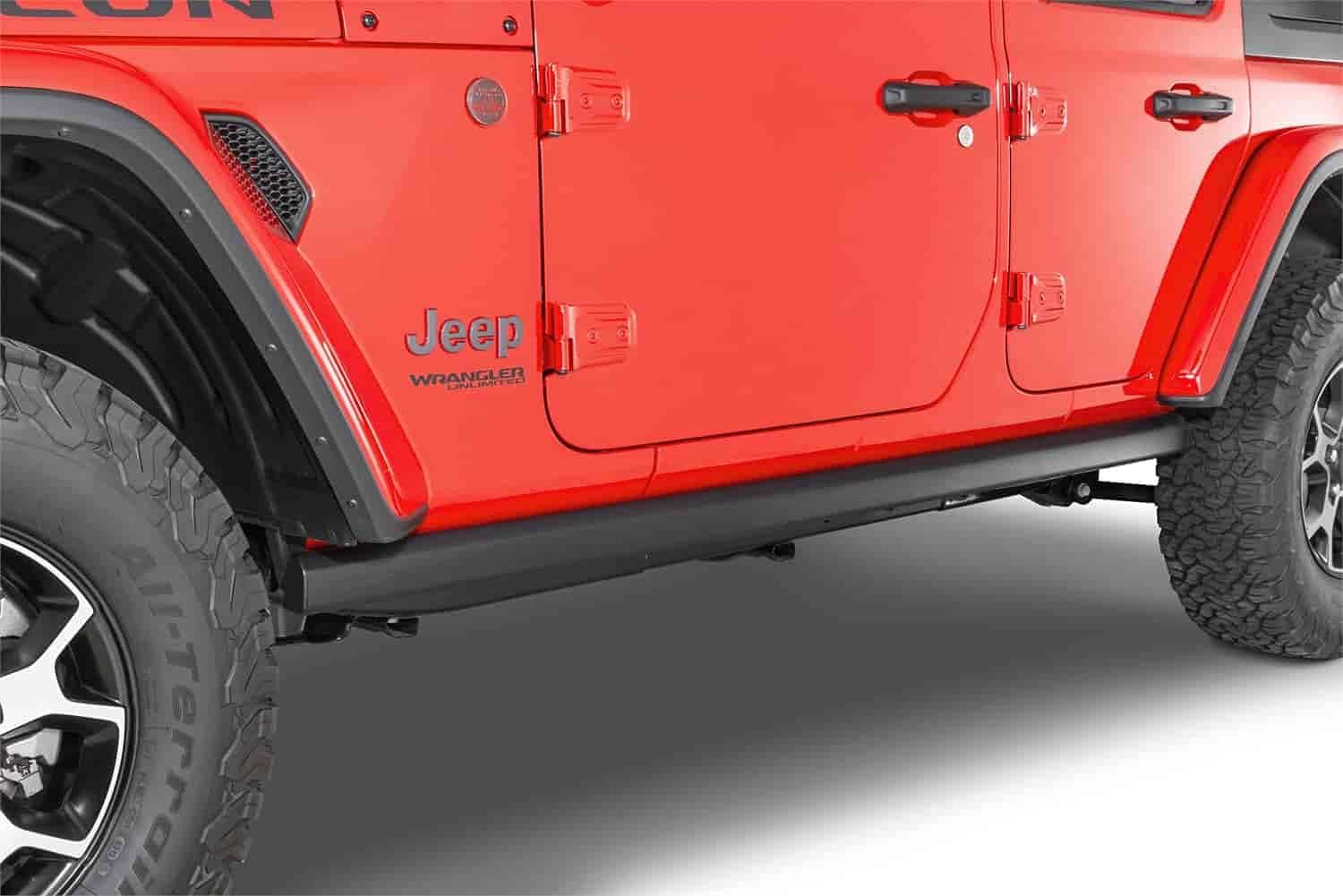 Mopar 82215126 Rock Rails Rock Rails are made of Black, powdercoated steel and are the same as production Rubicon Rock Rails. Fits four-door Jeep Wrangler (JL)