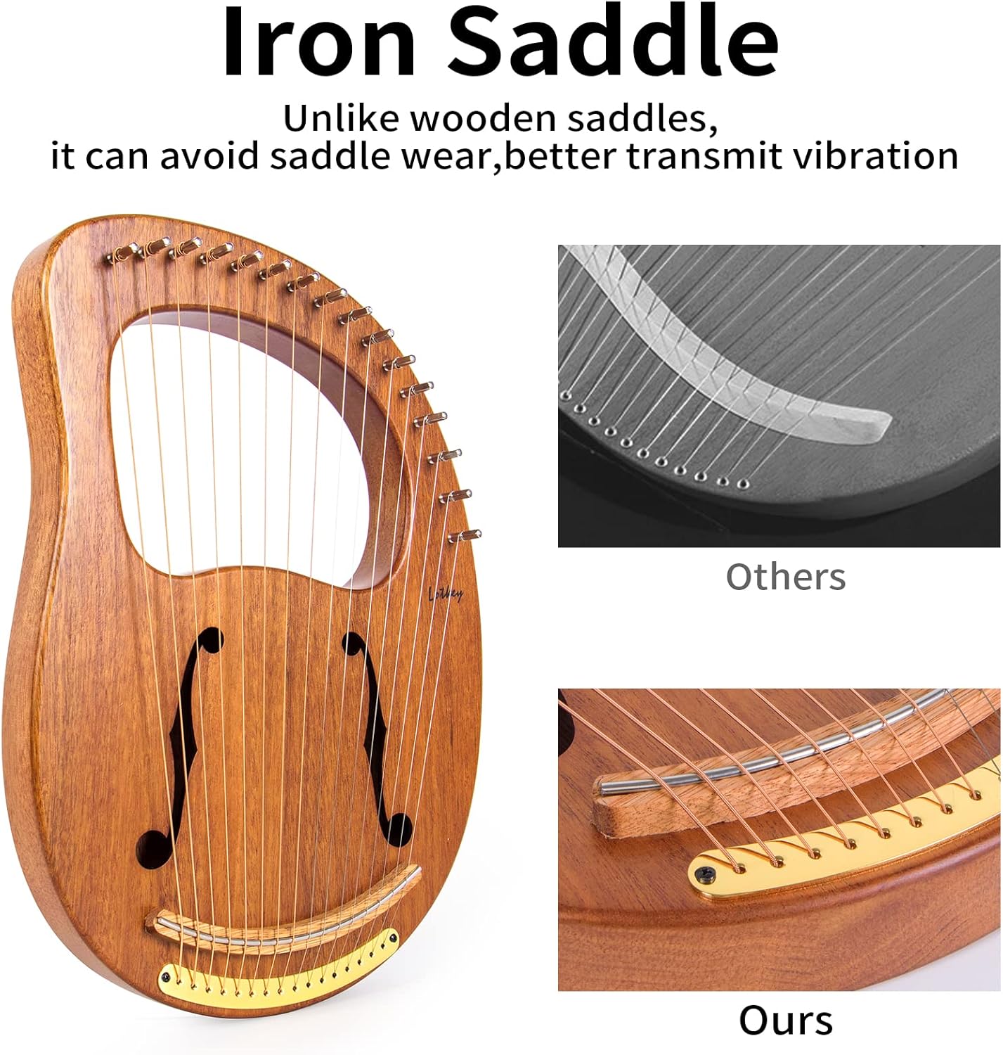 Lyre Harp, Lotkey 16 Metal Strings Iron Saddle Mahogany Lyre Harp with Tunning Wrench, Extract Strings, Manual and Gig Bag