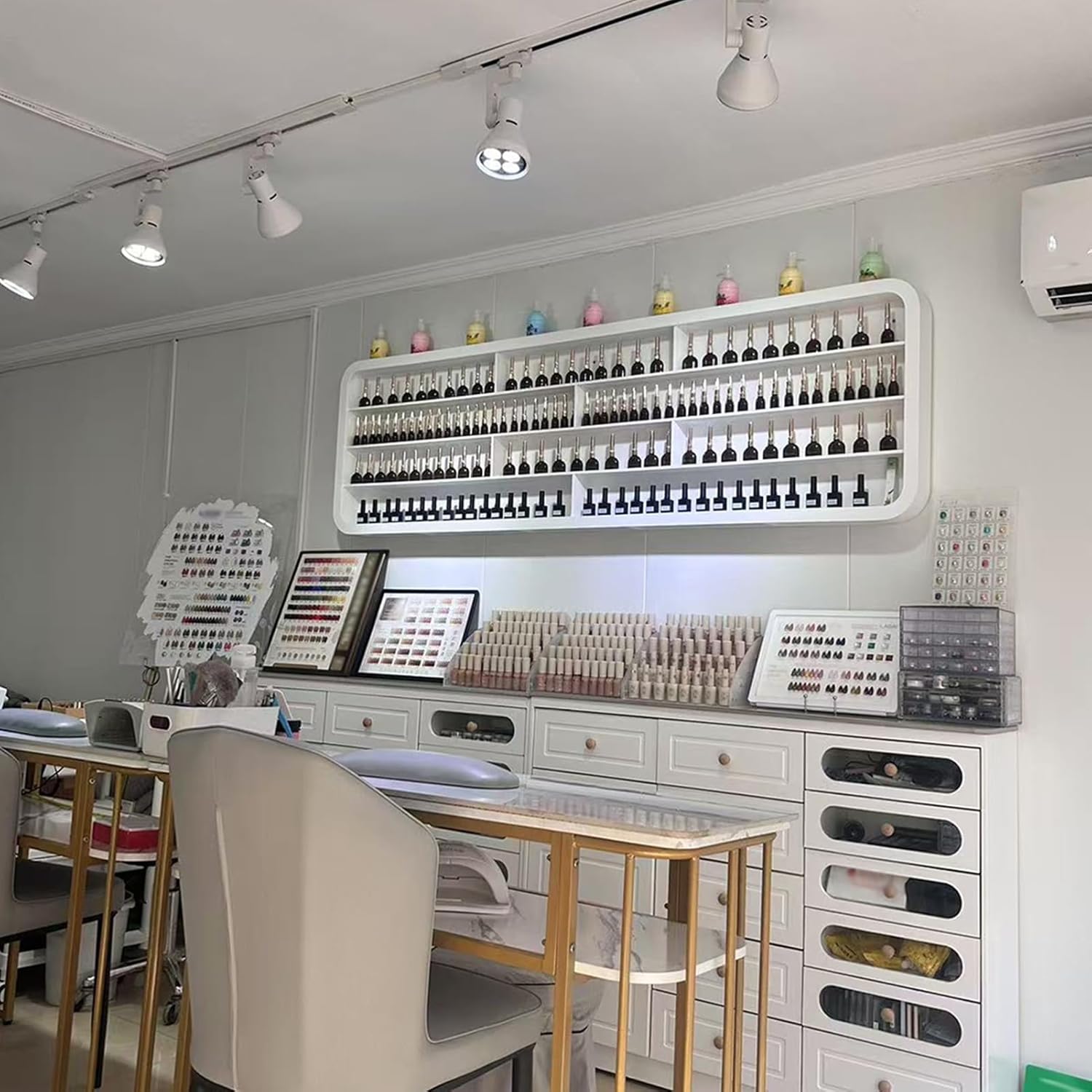 4-Tier Modern Nail Polish Display Rack, Wooden Wall Cosmetic Organizer Shelf, Minimalist Luxury Wall-Mounted Storage for Salon Home Vanity,1.2m/47.2in