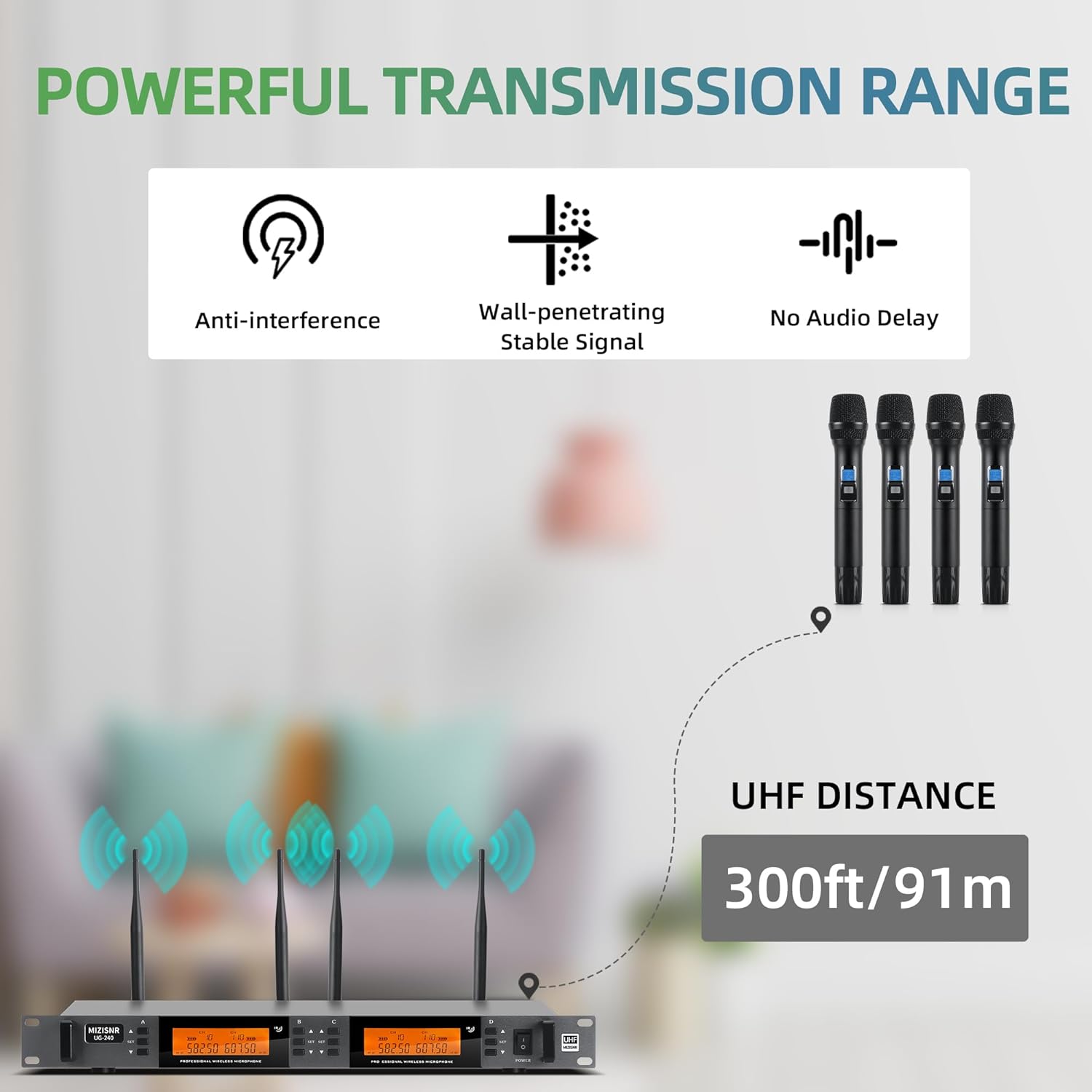 Wireless Microphone System 4 Channel, UHF Metal Cordless Handheld Mics Set - 200 Adjustable Frequencies, Auto Scan & Memory Function, 300ft Range, Ideal for Karaoke Church Wedding（UG-240