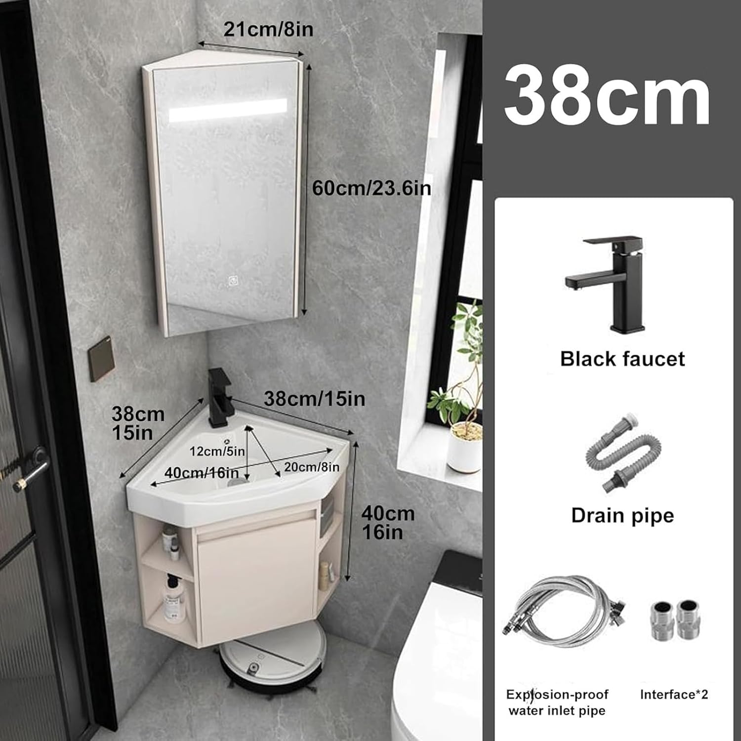 Corner Bathroom Sink, Corner Bathroom Vanity with Mirror Cabinet, Wall Mount Ceramic Vanity Sink, Floating Wash Basin with Sink Cabinet(15inchx38cm)