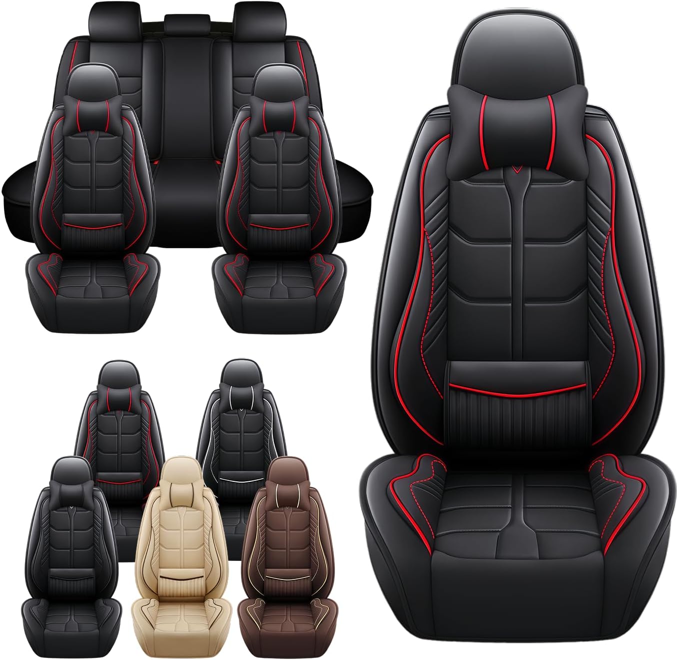 Leather Car Seat Covers Fit for Toyota Tundra 2000-2024, 5 Seater Car Seat Cover, Premium Waterproof, Scratch Resistant Car Interior Accessories (Full Set with Pillow Black Red)