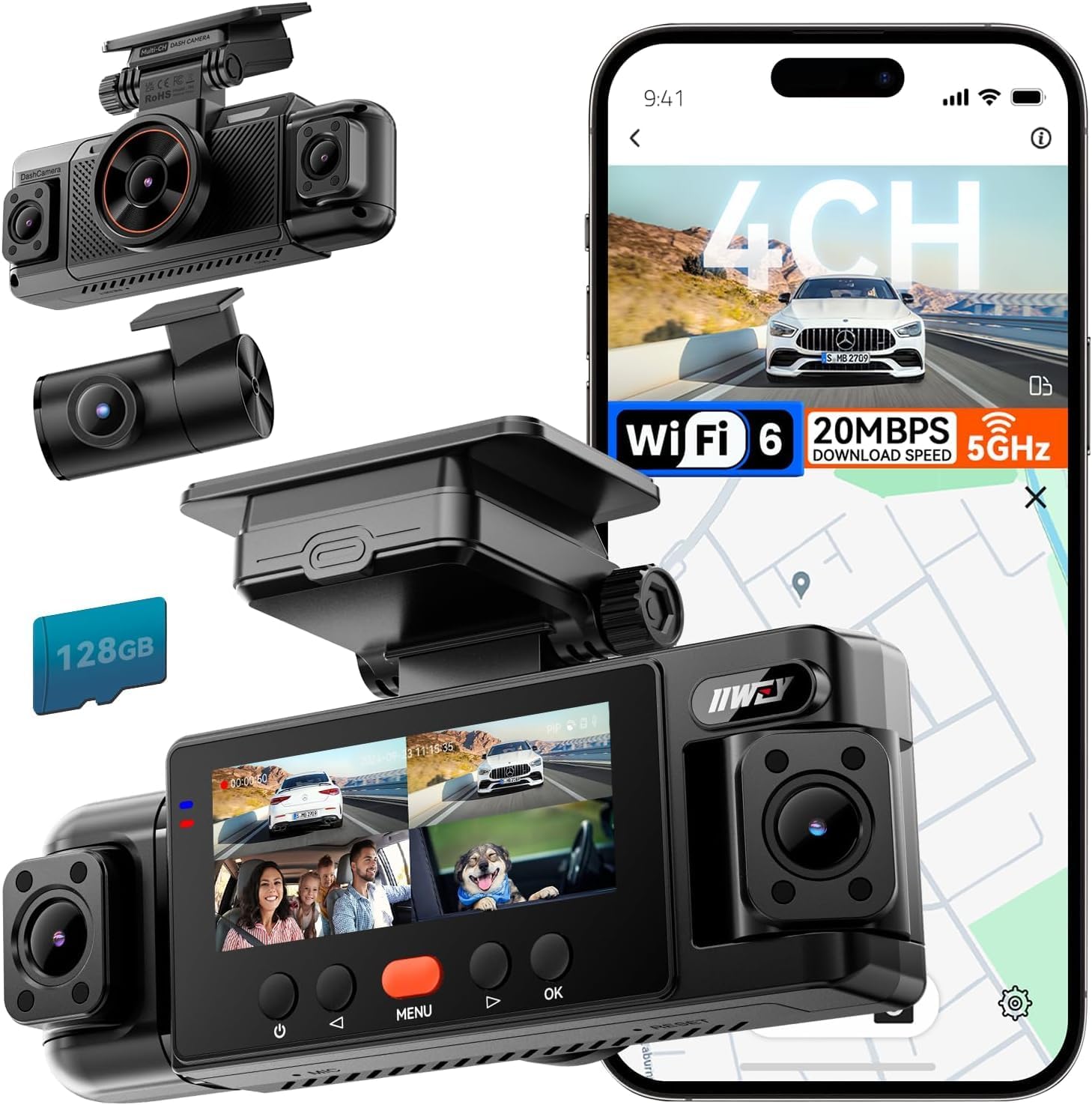 IIWEY N6 360° Dash Cam 4 Channel, 5.8G WiFi-6 (up to 20MB/s) with App, Free 128GB Card, FHD Front & Rear Inside Dash Cam for Car, 8 IR Lights Night Vision, GPS, 24/7 Parking Mode, G-Sensor