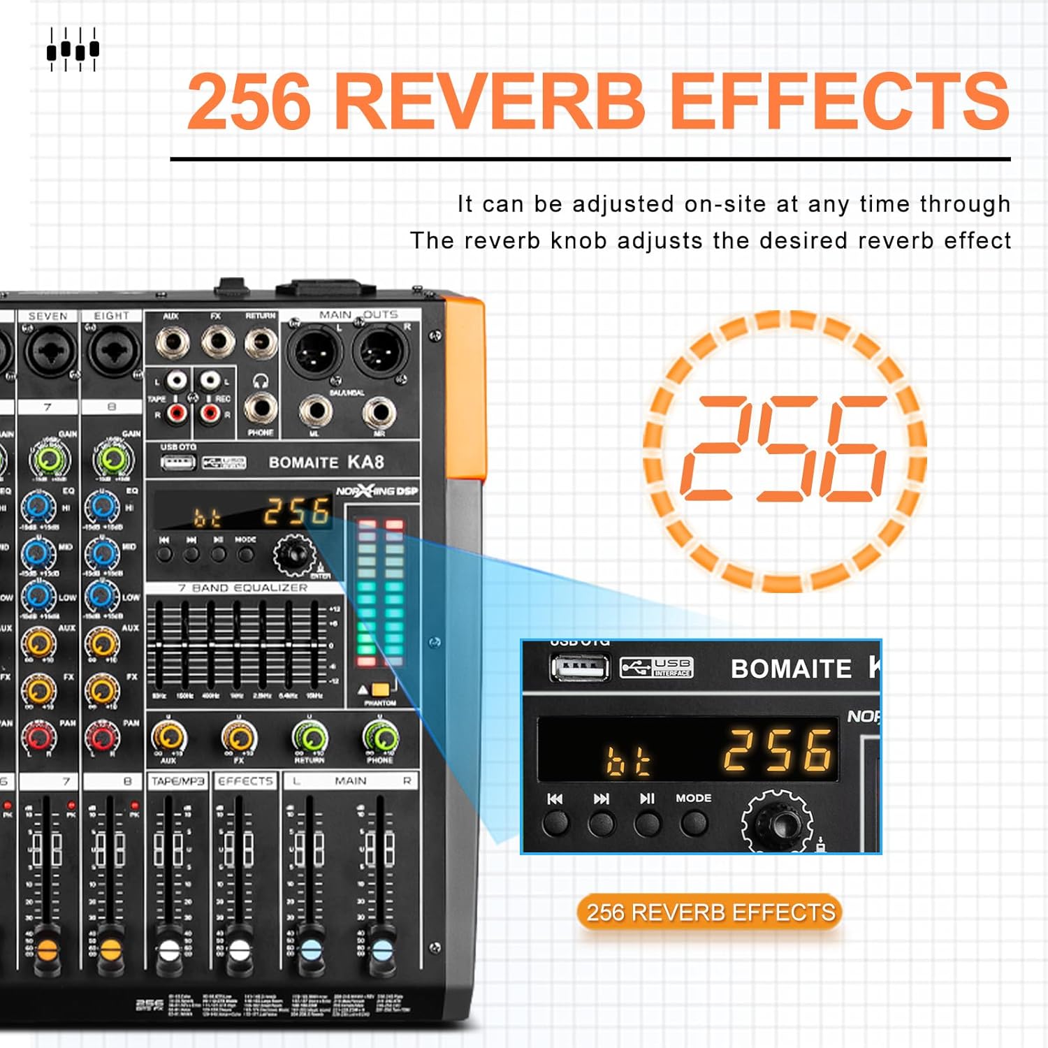 KA8 Professional 8-Channel Mixer Audio Interface with Digital USB, MP3, Bluetooth Input, and 48V Phantom Power – Ideal for DJs, Churches, Schools, and Parties – Pro Level Performance