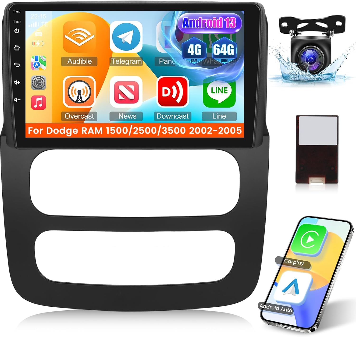 [4+64G] Android Car Radio for Dodge RAM 1500/2500/3500 2002-2005 - Wireless Carplay and Android Auto - 9 Inch 1280 * 720 HD Touch Screen Car Stereo - 32 EQ/WiFi/GPS/SWC + AHD Backup Camera