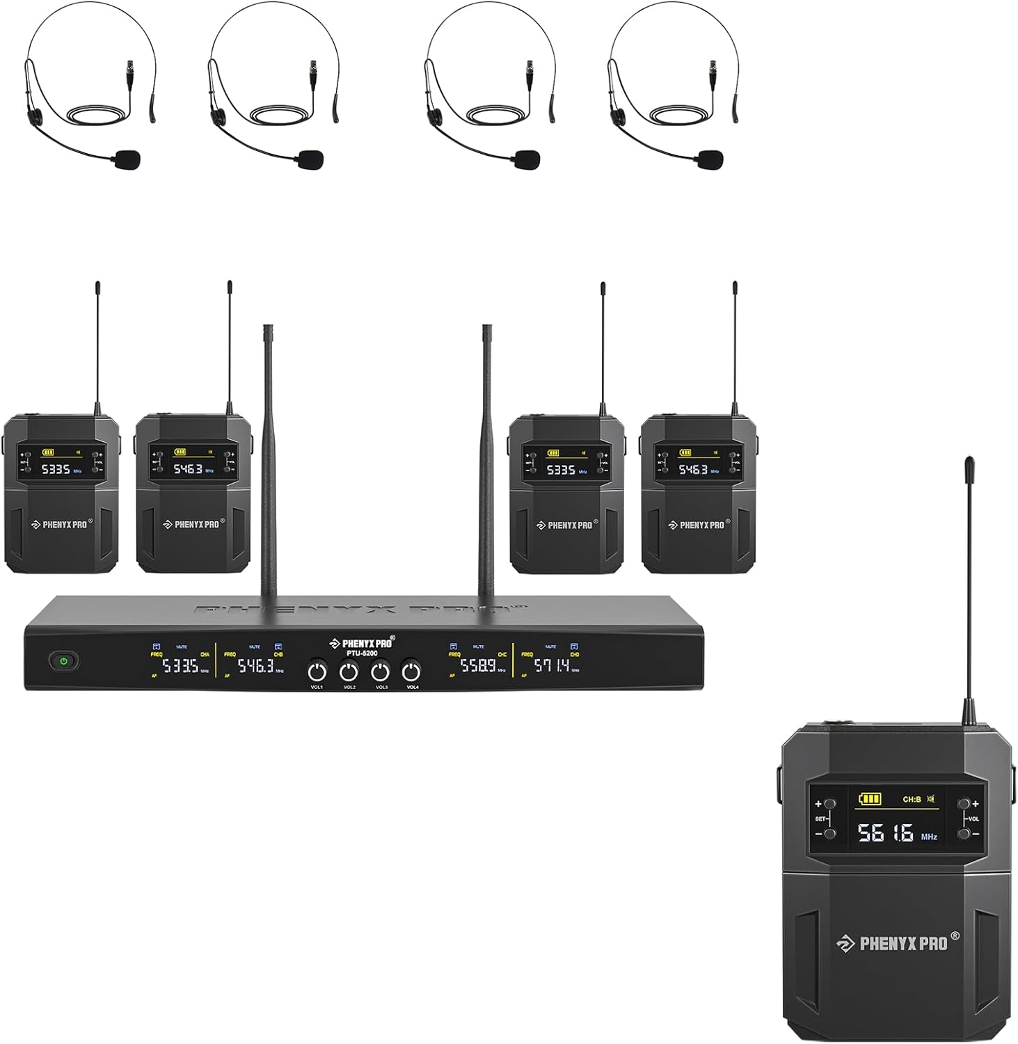 Phenyx Pro Wireless Microphone System PTU-5200-4B Bundle with UHF BodyPack Transmitter