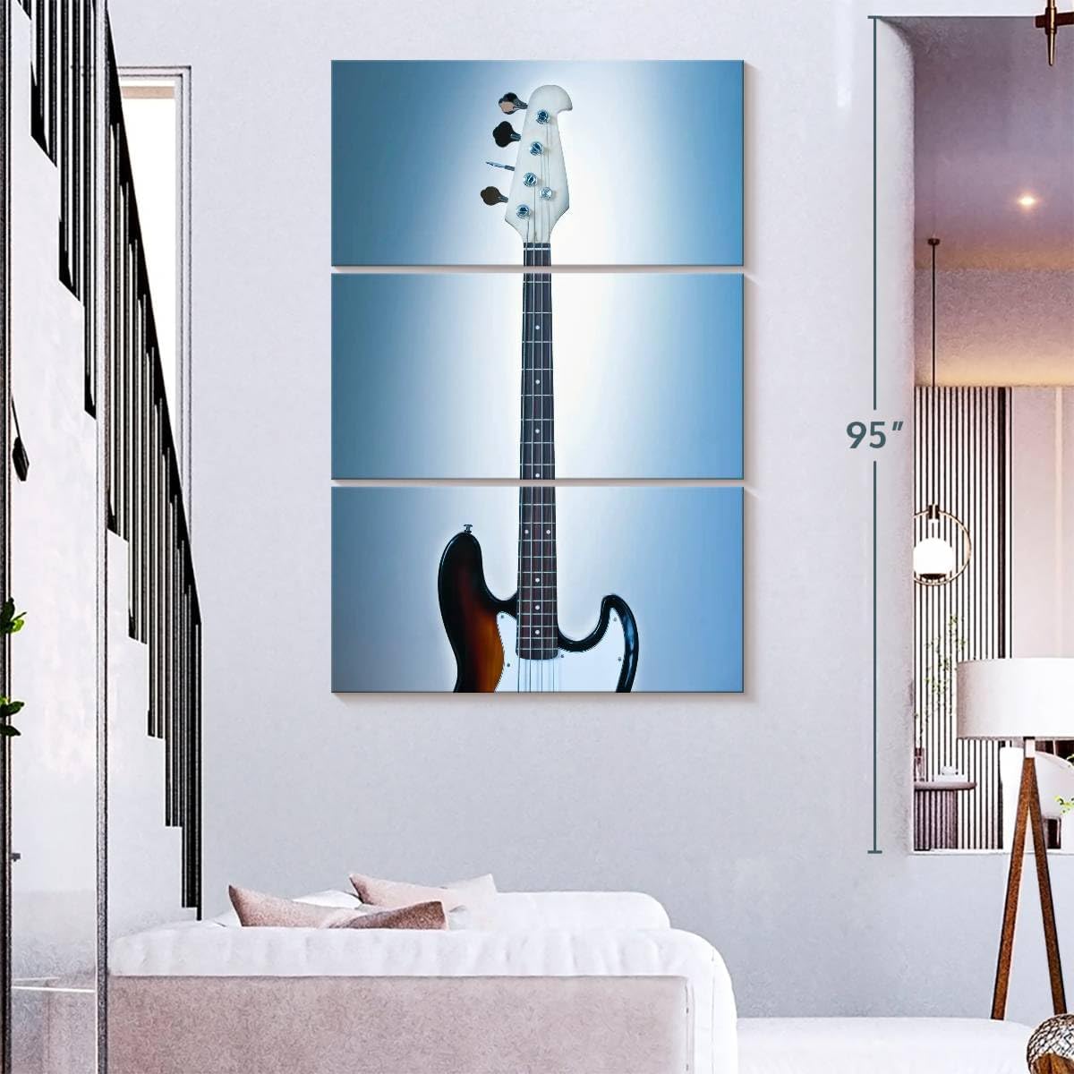 ElephantStock - Cool Bass Guitar Wall Art - Vertical Multi Panel Canvas - 3 Piece Living Room Wall Decor - Photography Music Multi Piece Wall Art - Brown And Blue Decor - 48