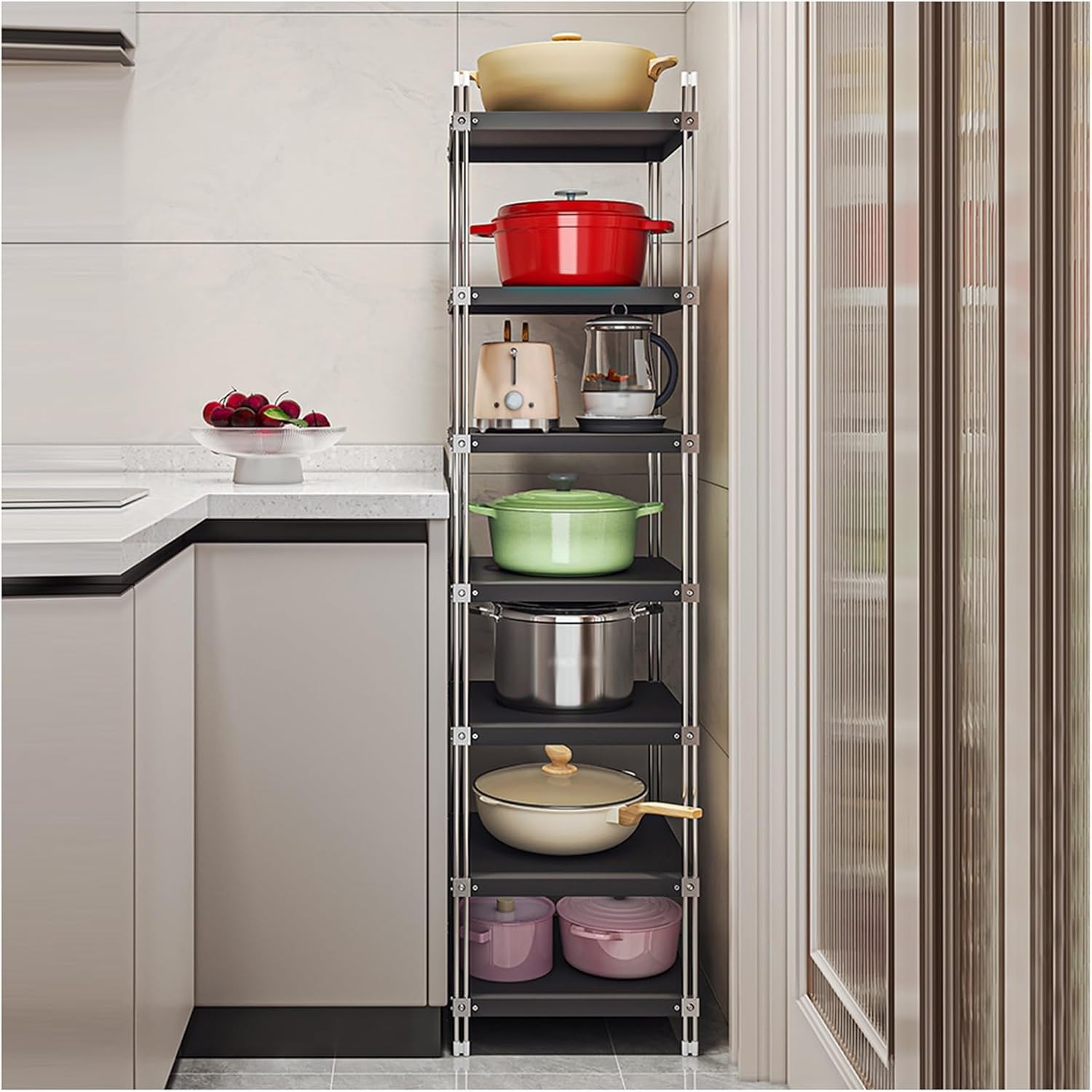 4/5/6/7 Tier Storage Rack, Adjustable Storage Rack, Corner Stainless Steel Rack for Entryway, Living Room, Narrow Space, Pantry, Bathroom(Black,35 X 35 X 120cm) (Black 35 X 35 X 140cm)