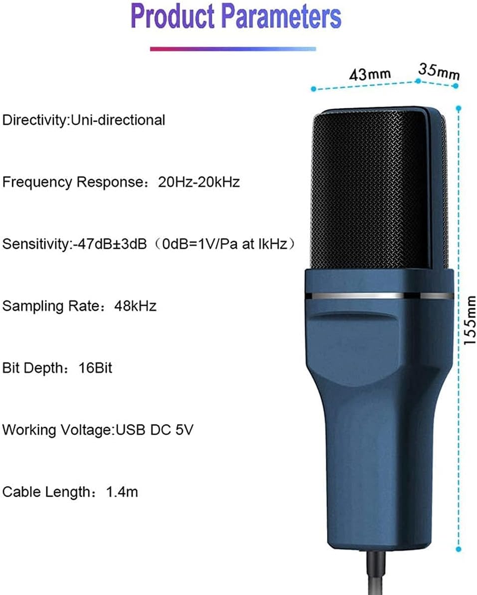 USB Condenser Microphone, Professional Studio Cardioids Microphones Kit with Windscreen and Shock Mount (Color : Black) (Blue)