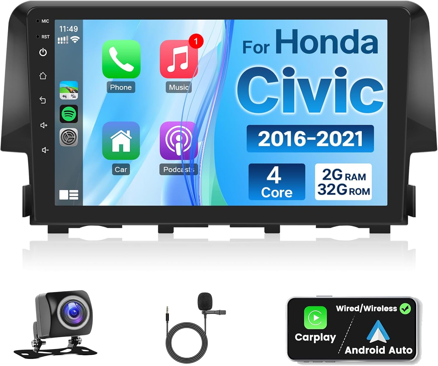 Car Stereo for Honda Civic 2016 2017 2018 2019 2020 2021, 9inch Touch Screen Android Head Unit Radio, Wireless CarPlay Android Auto Backup Camera (Model A: Without J.B.L)