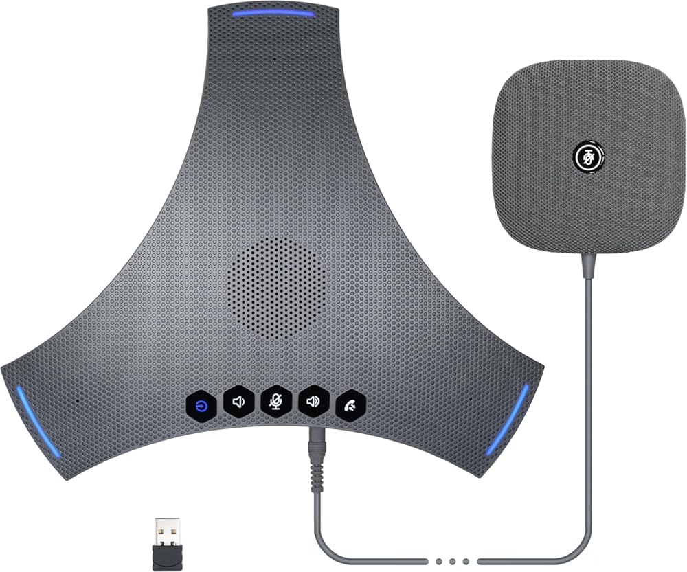 Conference Speaker and Microphone, Bluetooth/USB/Dongle Speakerphone w/ 3+1 Mics, 360° Enhanced Voice Pickup, Noise Reduce, Daisy Chain Compatibility for Large Conference Room, 2025New
