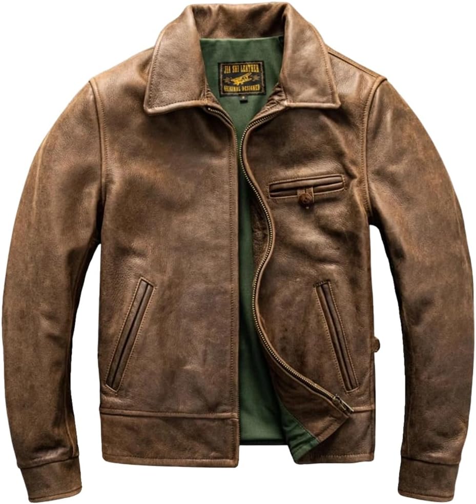 Men Retro Vintage Style Plus Size Genuine Natural Cowhide Turn-Down Collar Leather Coat