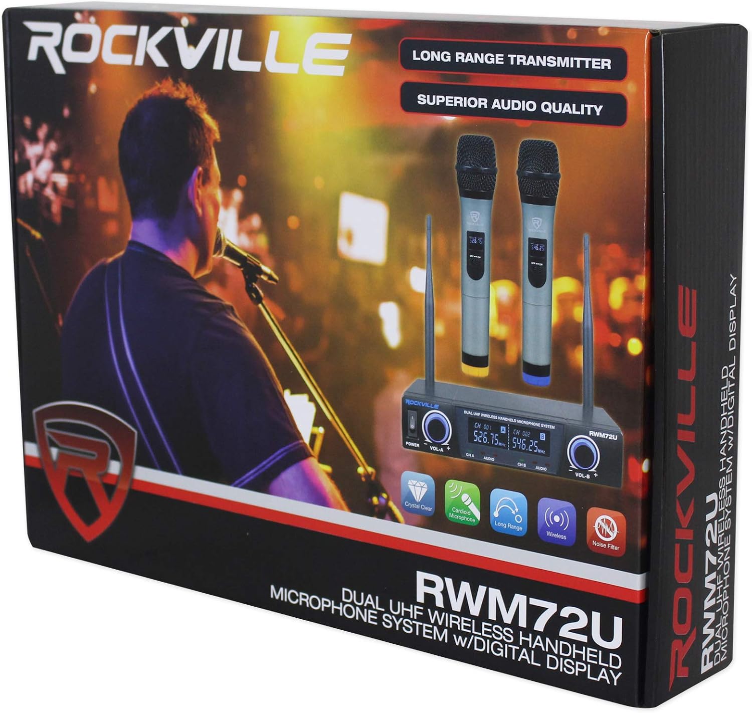 Rockville RWM72U Dual UHF Wireless Handheld Microphone System, Digital Display, Long Range, Noise Filter, for Karaoke and Live Performances