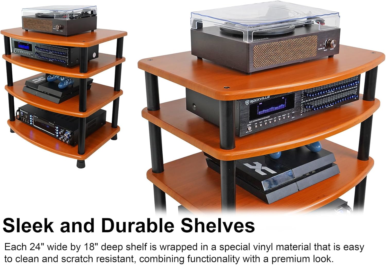 Rockville FLX Classic Wood Adjustable Height 4 Shelf A/V Rack Stand, Expandable Design, for Home Theater