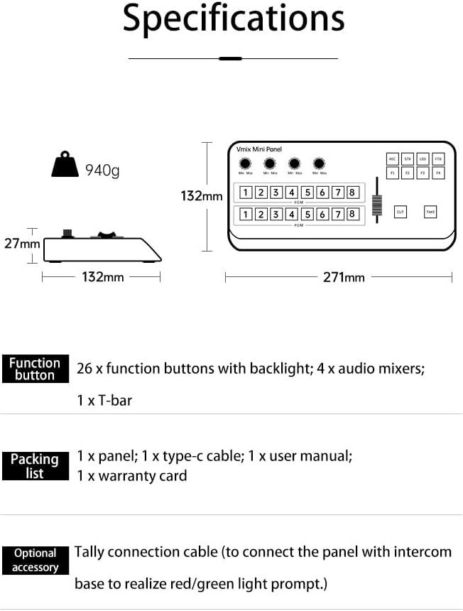 VMix Mini Panel Pro, Professional Video Production Control Surface, 16 Program/Preview Buttons, 4 Function Keys, Black