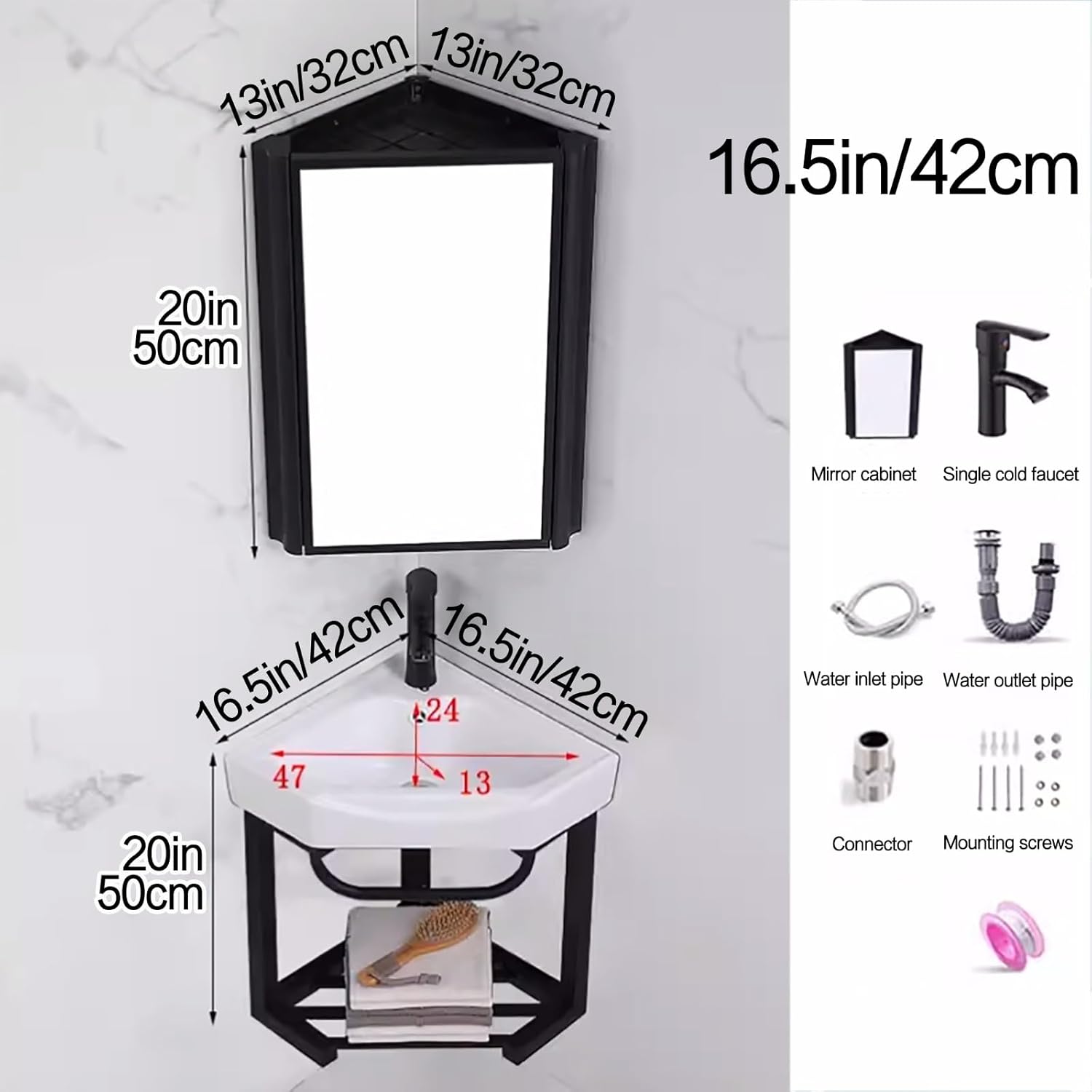 Corner Wall Mount Bathroom Sink corner ceramic sink small utility sink narrow bathroom vanity Bathroom Cabinet With Faucet And Drain small corner sink White Resin Basin Sink for Small Space(16.5in/42c