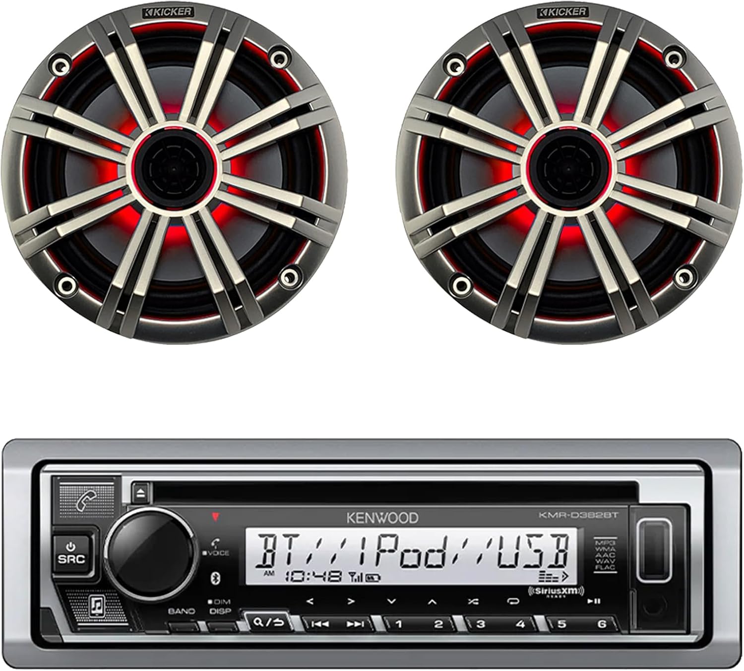 Kenwood Single DIN Marine USB AUX CD Player Bluetooth Stereo Receiver, 2 x Kicker 6.5