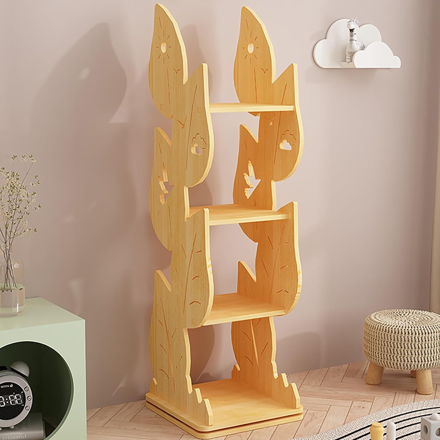 Kids Rotating Bookshelf 4-Tier Small Book Shelf, Corner Kids Bookcase 360° Display Spinning Bookshelf Tower, Narrow Storage Shelves for Small Space Bedroom