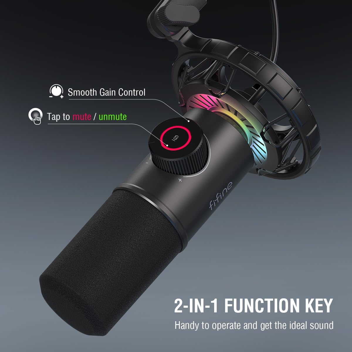 FIFINE USB Gaming Microphone and Mic Arm Stand Kit, RGB Dynamic Mic with Tap-to-Mute, Headphones Jack for PC, Heavy Duty Boom Arm Bundle with Desk Mount, 5/8