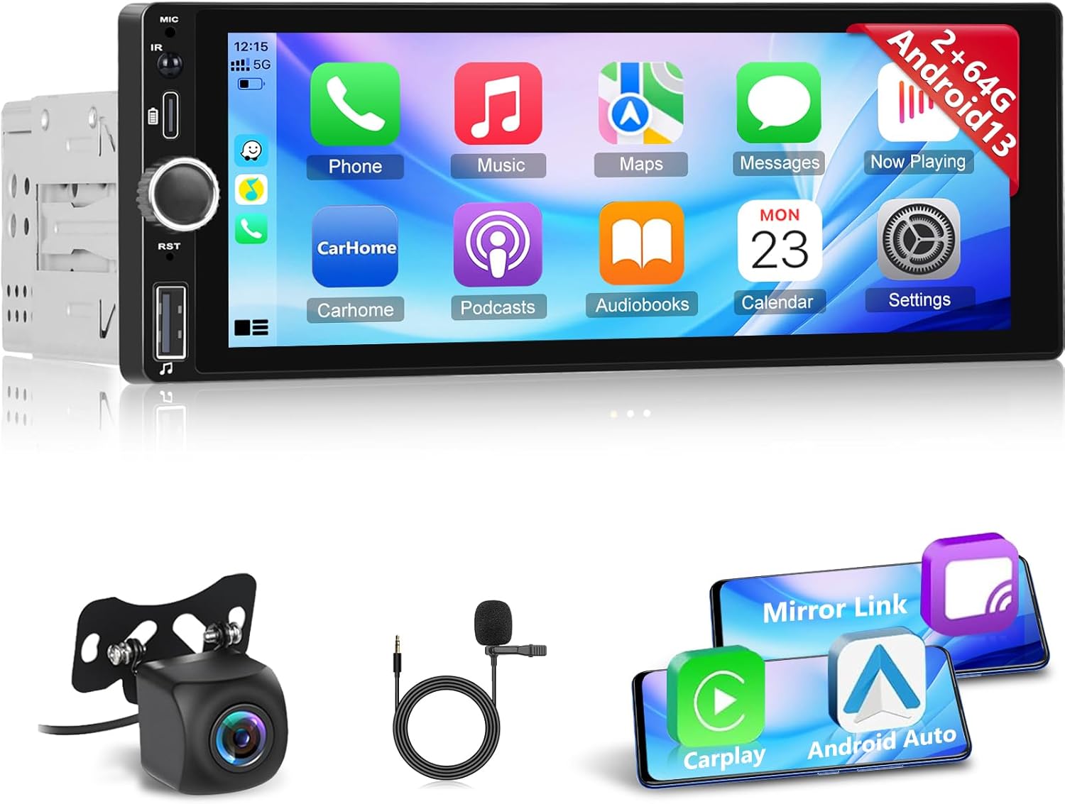 [2+64G] Android 13 Single Din Car Radio with Wireless Carplay and Android Auto - 6.86 inch Touchscreen Car Stereo - EQ Setting/WiFi/GPS/Mirror Link/SWC/USB Charging + AHD Backup Camera