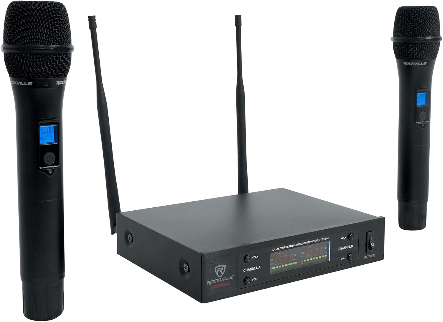 Rockville RWM-200 H2 Dual Handheld UHF Microphone System, 200 Channels, 3-Band EQ, Echo Control, RF Power Adjustment, for Karaoke, Live Performances, Presentations