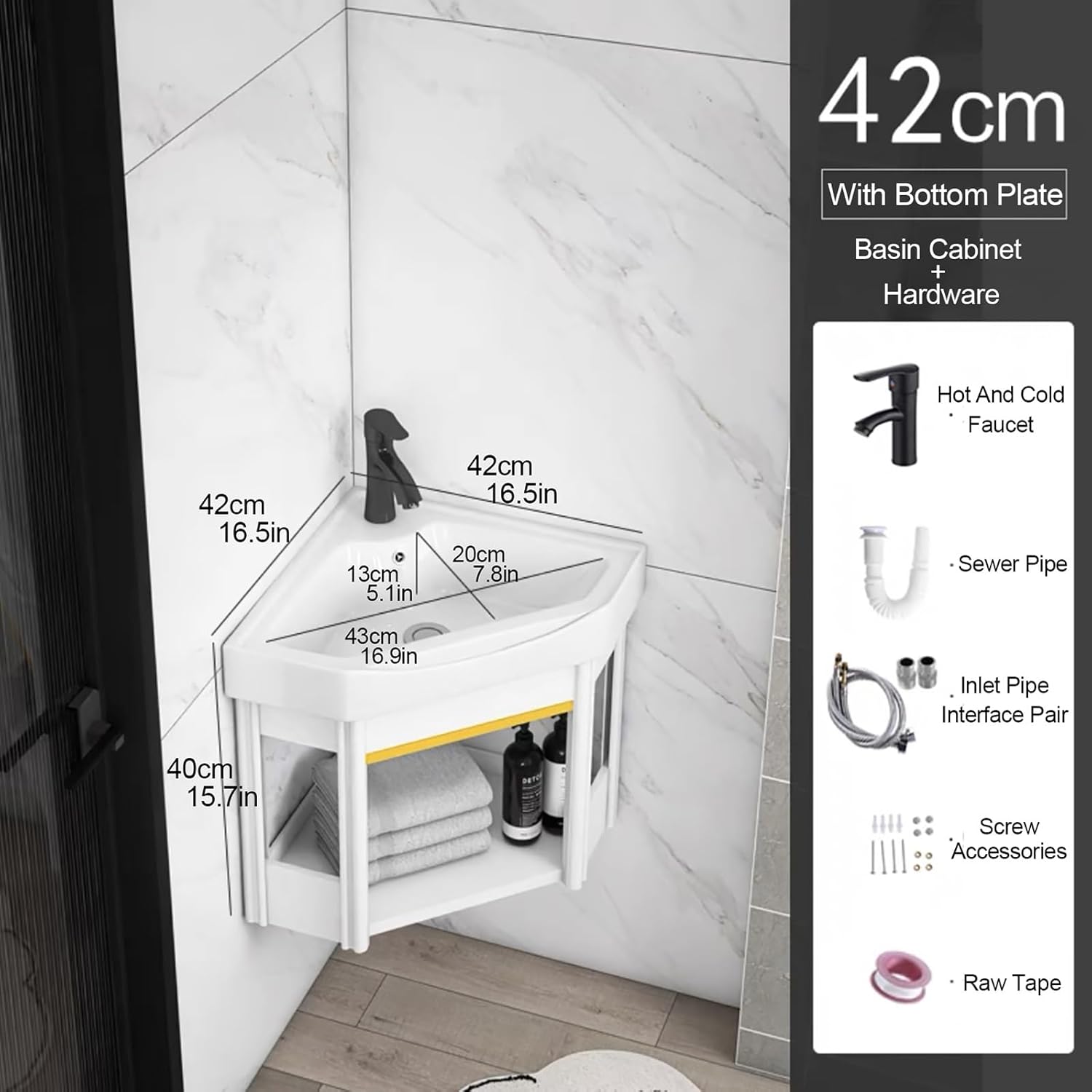 White Vessel Sink, Small Vessel Sink for Bathrooms, Wall Mount Corner Sink, Small Wall Mount Corner Bathroom Sink and Faucet Combo, for Small Space, with Drain, Towel Bar ( Color : A , Size : 42cm/16.