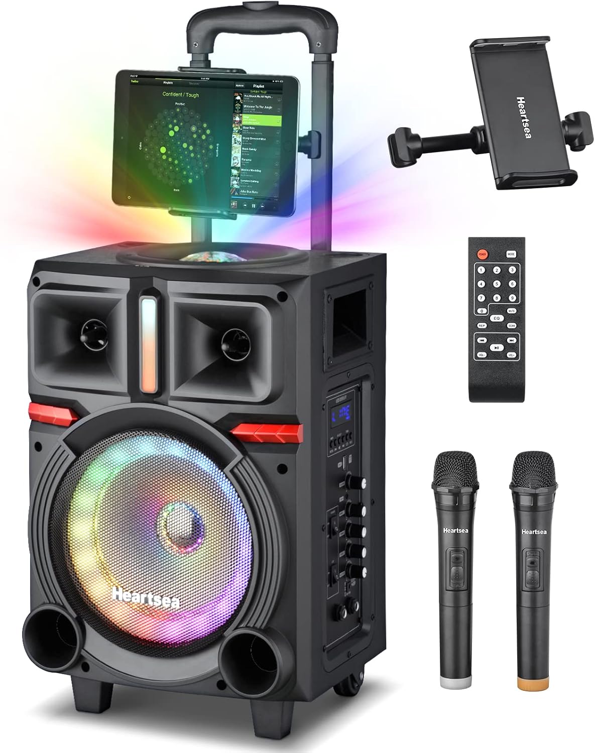 HEARTSEA Karaoke Machine for Adults, Portable Bluetooth Pa Speaker with 2 Wireless Microphones, Wooden Sound PA System with Disco Lights for Party, Outdoor, USB/TF/REC/AUX, Ideal Gifts for Family
