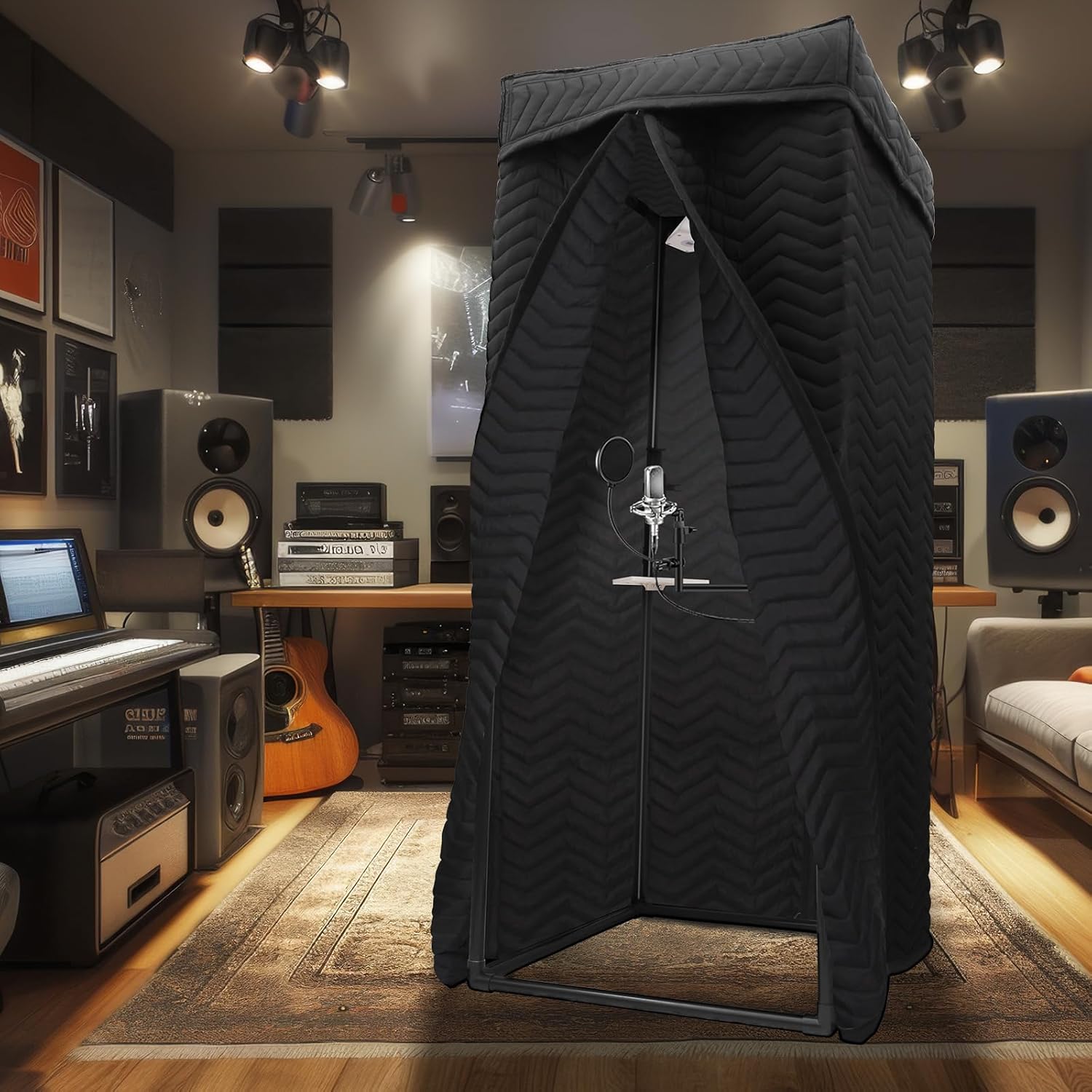 Portable Vocal Booth - Studio Grade Echo-Free Recording Booth for Voiceover, Podcast & Singing, Home Studio/Sound Isolation Booth with Light & Travel Bag (ZIGZAG-BLK, L)