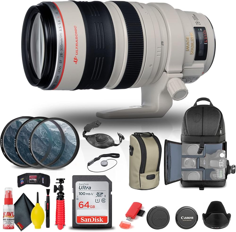 Canon EF 28-300mm f/3.5-5.6L is USM Lens (9322A002) + Filter Kit + Backpack + 64GB Card + Card Reader + Flex Tripod + Memory Wallet + Cap Keeper + Cleaning Kit + Hand Strap + More (Renewed)