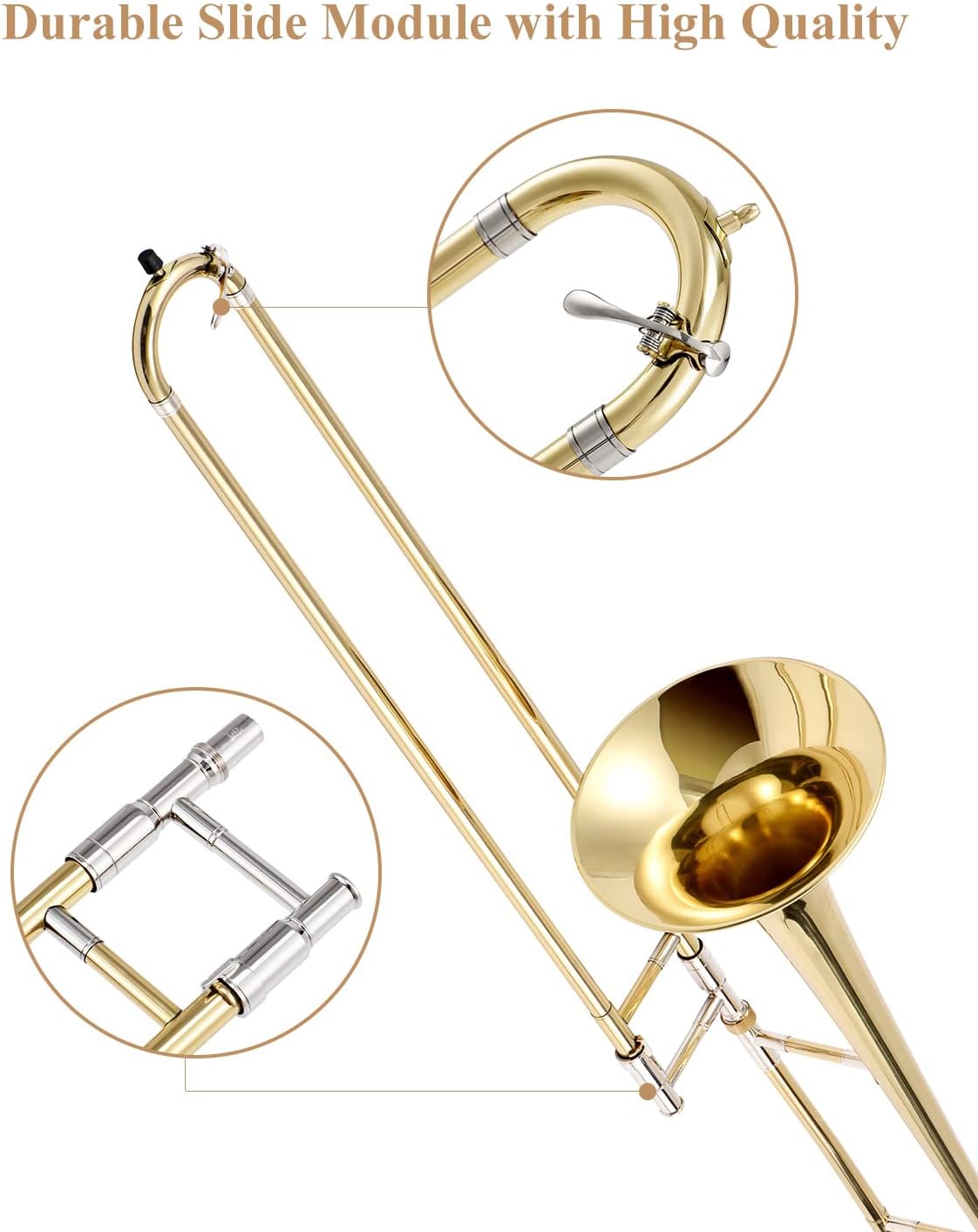 Eastar Bb Tenor Slide Trombone for Beginners Students, B Flat Brass Plated Trombone Instrument with Mouthpiece, White Gloves, Cleaning Kit, ETB-330, Golden