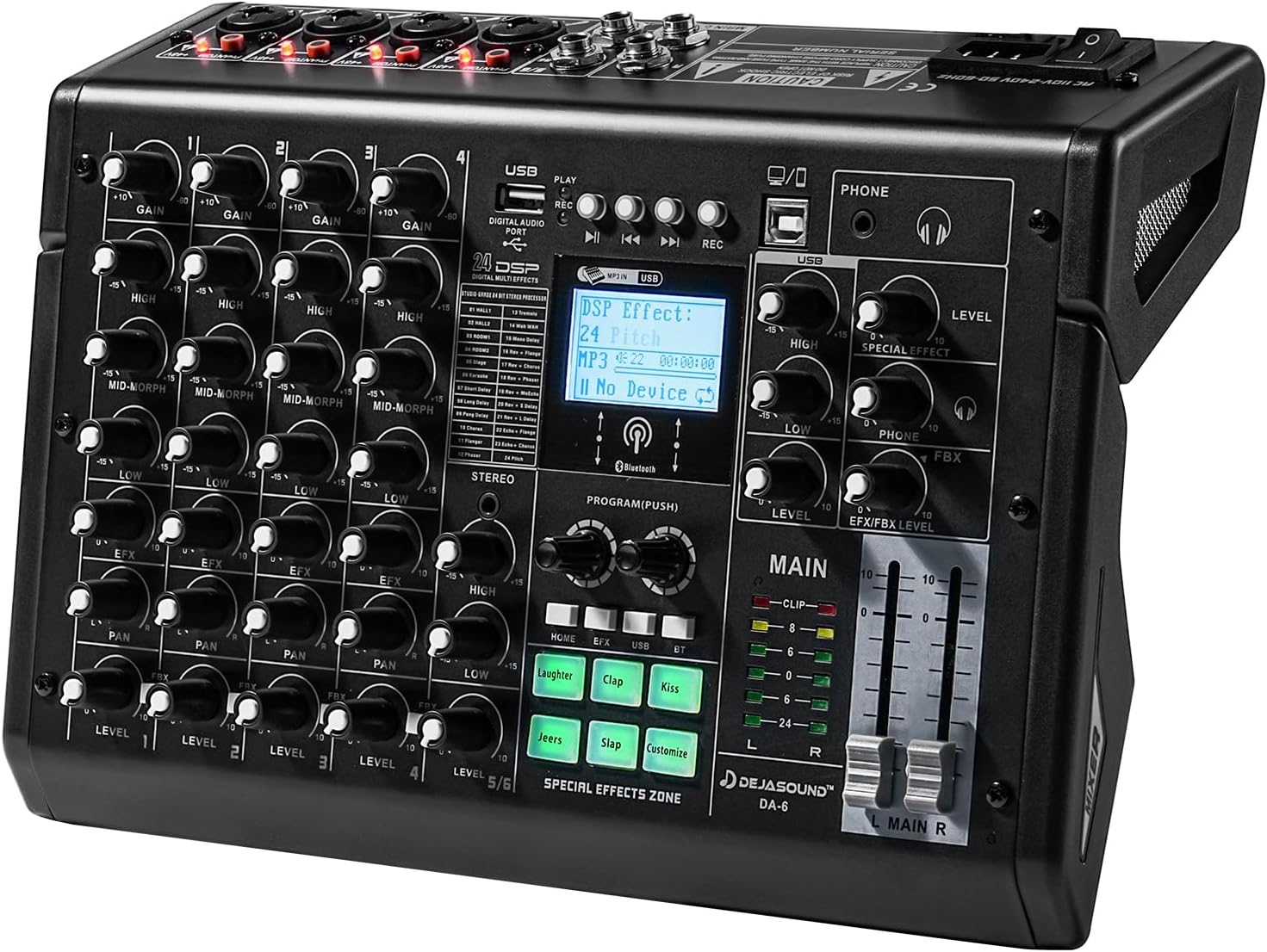 Professional Audio Mixer - Sound Card Effect, 6-Channel Audio Interface, Podcasting, Live Streaming, Vocal Recording, DJ Sets, YouTube Videos, Karaoke Nights, Microphone/PC Compatible - DA-6