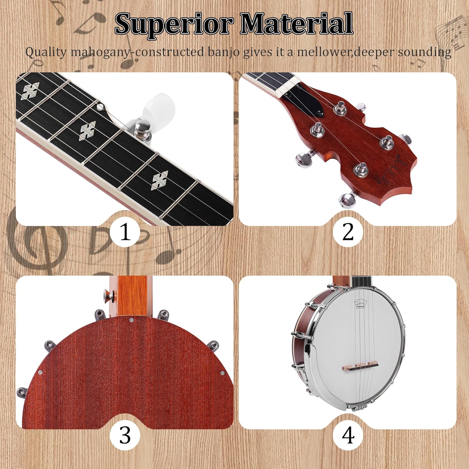 Mulucky 5 String Banjo Mini - 26 Inch Travel Banjo Sapele Body Closed Solid Back Beginner Kit With Gig Bag Picks Strings Strap - B807